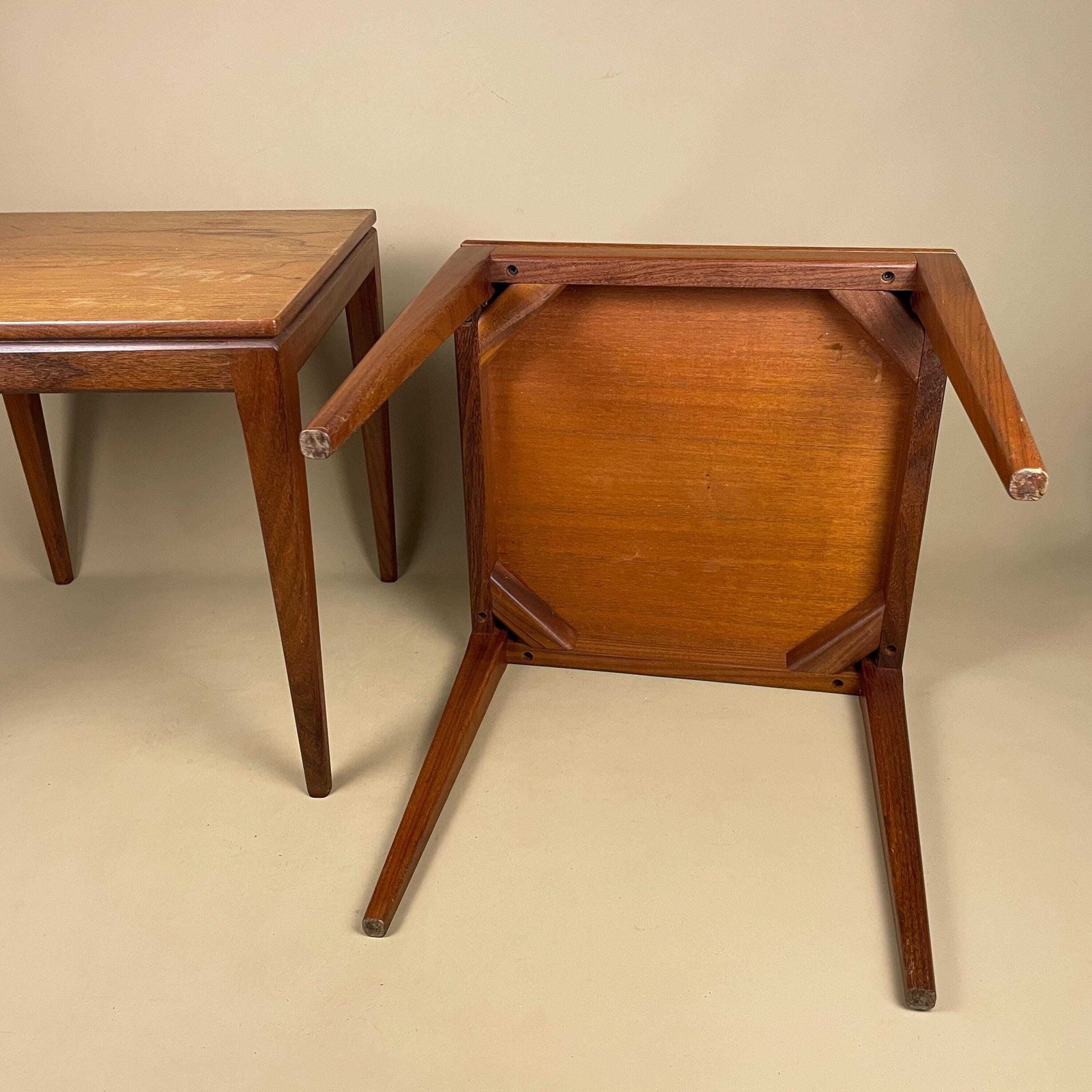 Mid Century Wooden Side Tables Pair Tapered Leg End Tables Teak Finish Scandinavian Retro Style Vintage. photo vintage