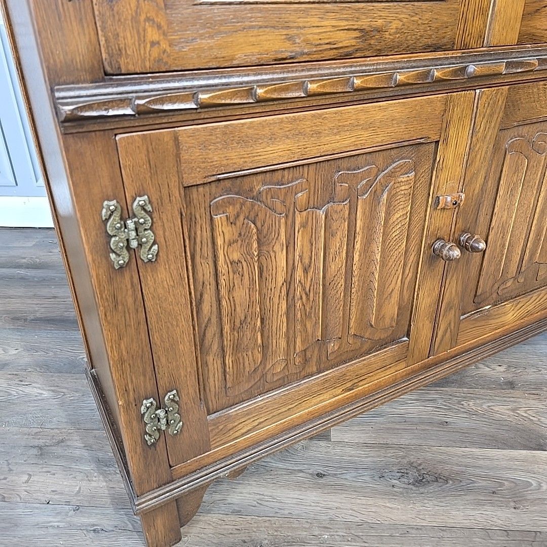 photo furniture Antique Style Glass Bookcase  Jaycee Oak Leaded Cabinet Jacobean Display Shelves