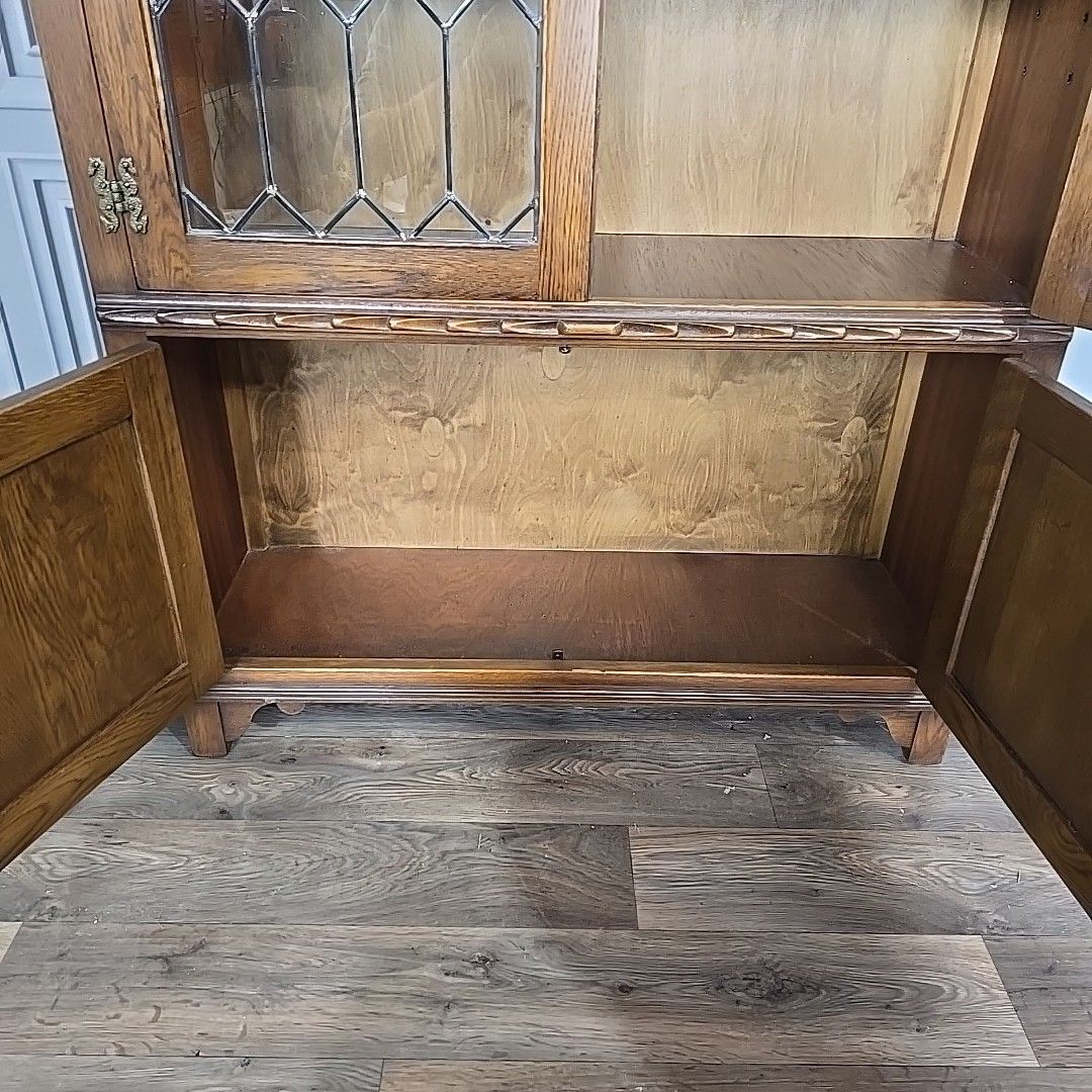 photo buy Antique Style Glass Bookcase  Jaycee Oak Leaded Cabinet Jacobean Display Shelves