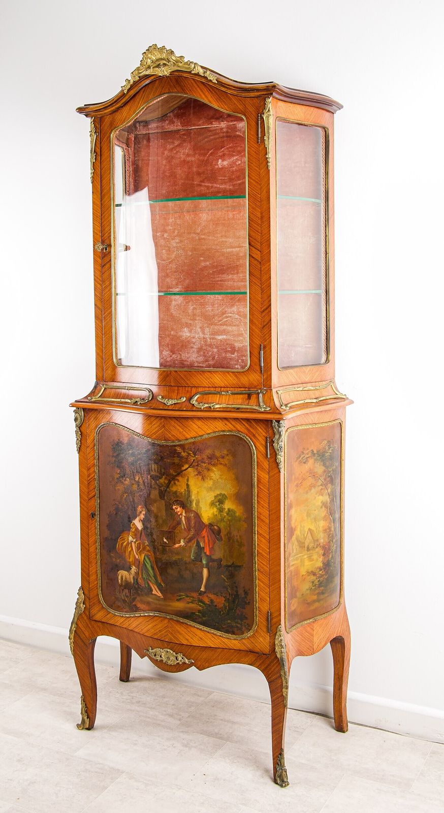 Antique French Kingwood Vernis Martin Display Cabinet Ormolu Mounts Pastoral Panels 19th Century photo furniture
