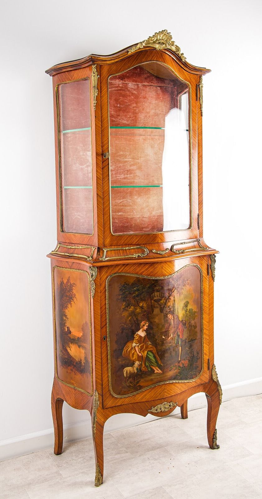 Antique French Kingwood Vernis Martin Display Cabinet Ormolu Mounts Pastoral Panels 19th Century photo for sale