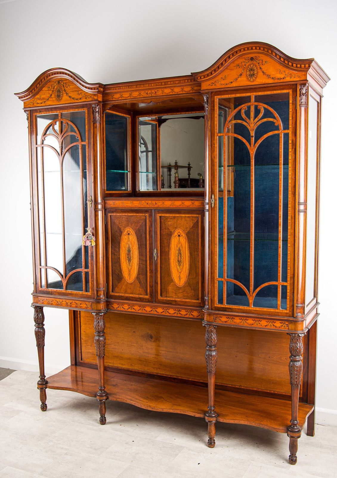 Victorian Mahogany Satinwood Inlaid Breakfront Display Cabinet Glazed Vitrine C.1890 photo for sale