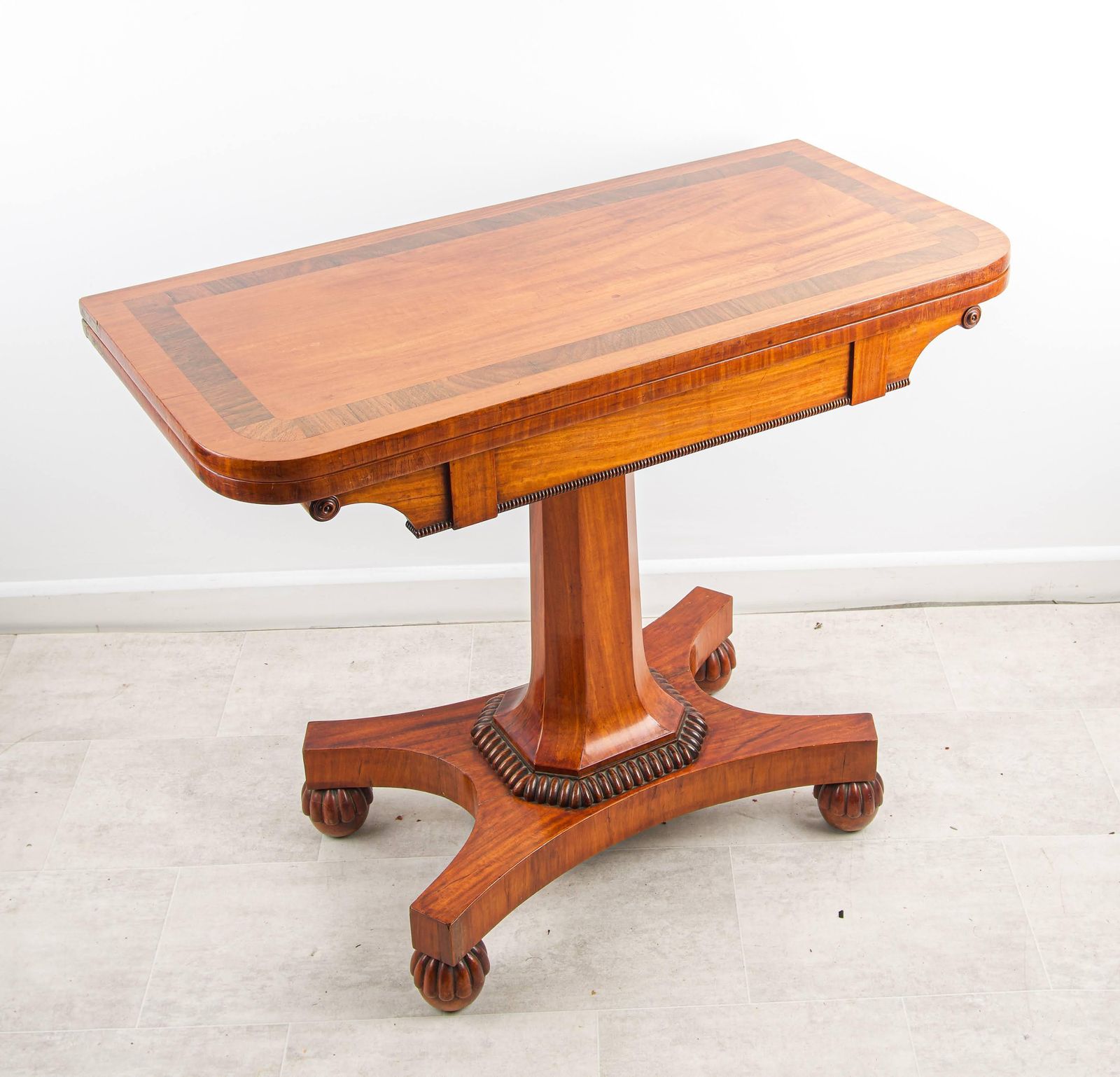 Antique Regency Satinwood Mahogany Card Table Pedestal Base Baize Top C.1820