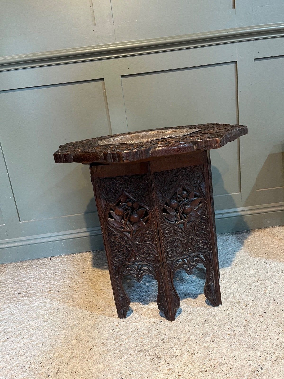 Antique Table Carved Wood Copper Insert Burmese Carved Wood Table photo for sale