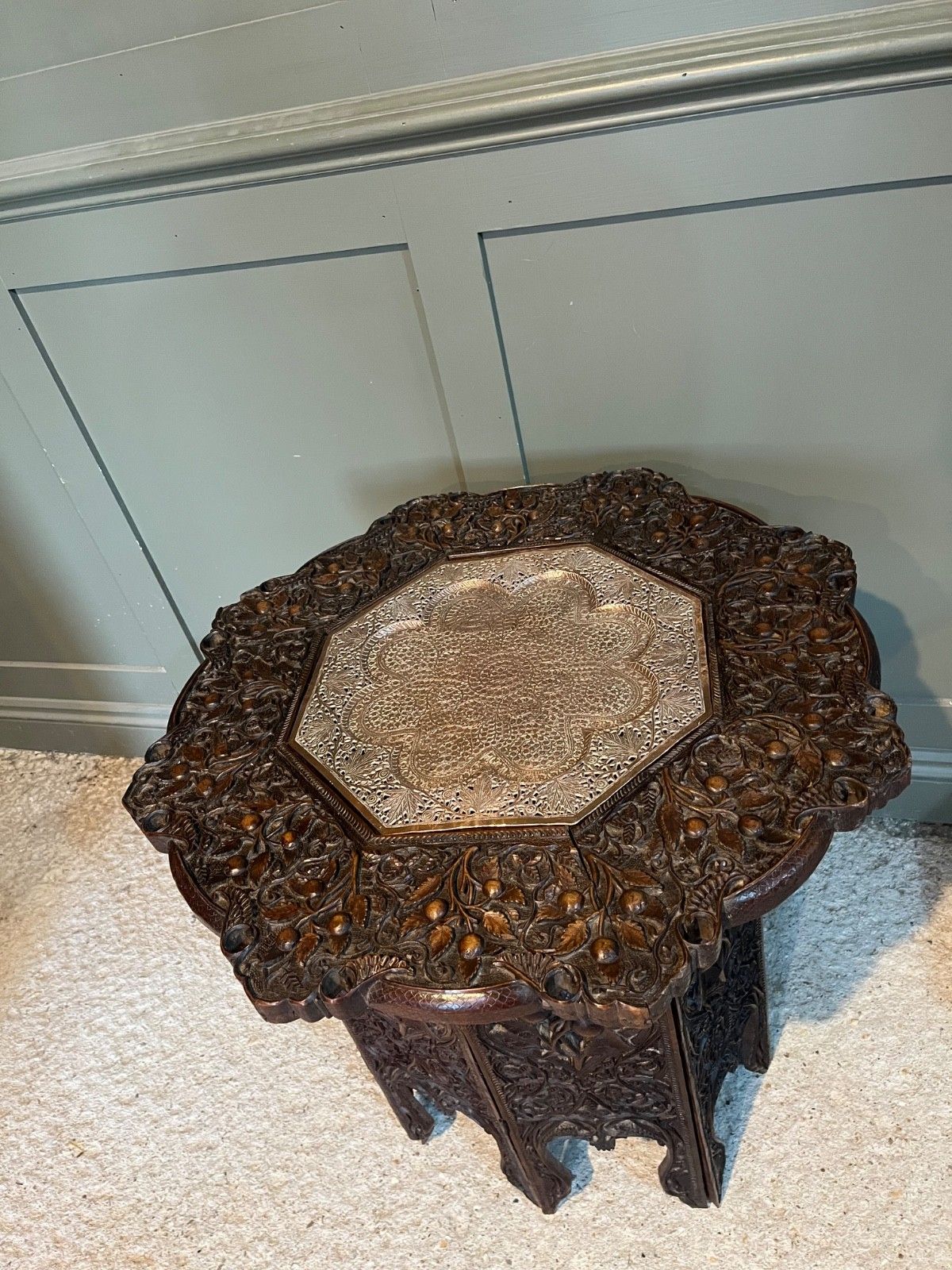 Antique Table Carved Wood Copper Insert Burmese Carved Wood Table photo buy