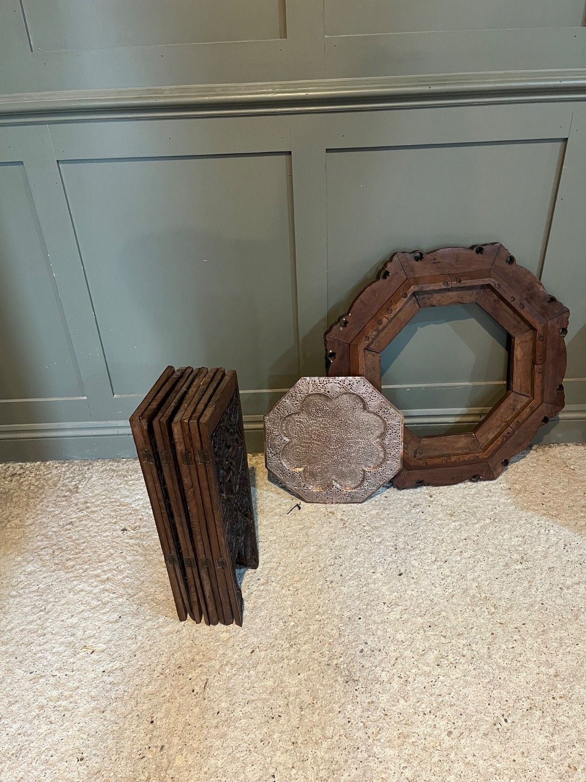 photo for sale Antique Table Carved Wood Copper Insert Burmese Carved Wood Table