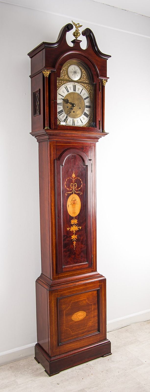Antique Mahogany Longcase Grandfather Clock Inlaid Brass Arch Dial Eagle C1920 photo for sale