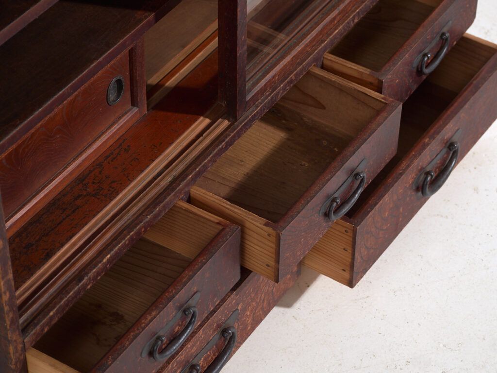 Antique Japanese Tea Cabinet (Cha Tansu) With Glass Sliding Doors – Taisho / Showa – Circa 1920–1950 photo Furniture