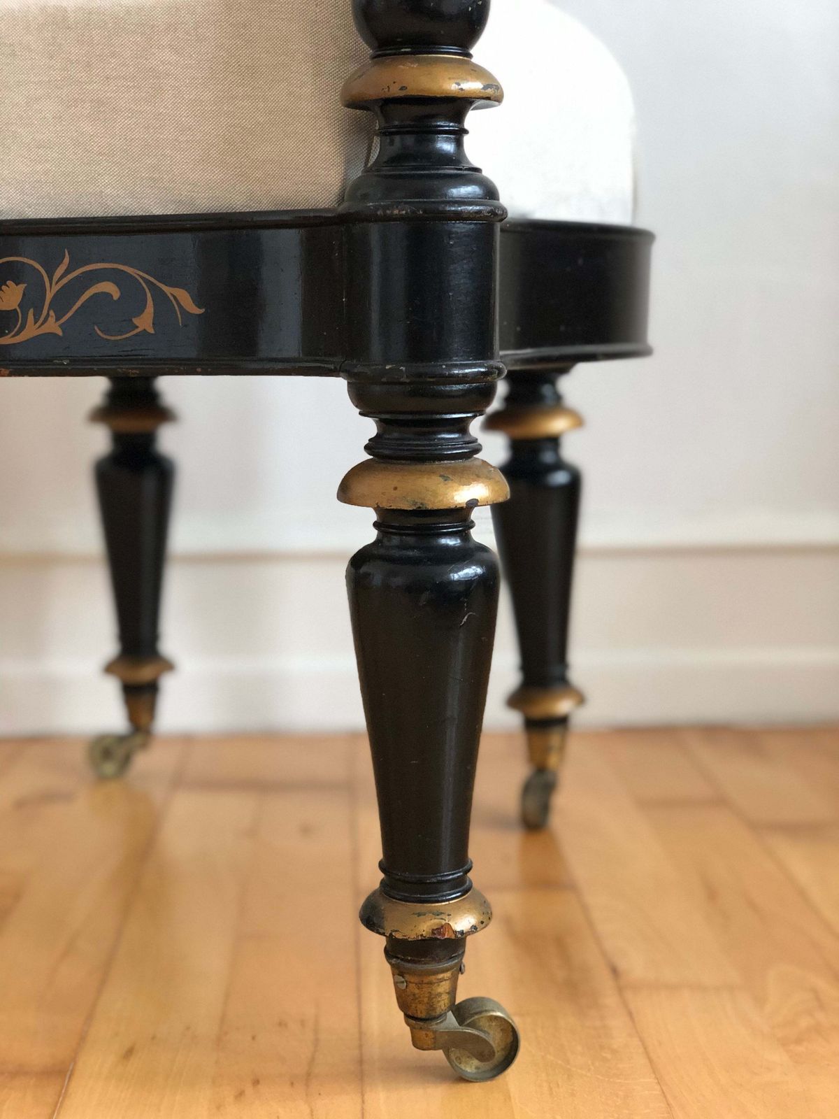 Danish Cabinetmaker Armchair, 1860s, Black Lacquer With Gold Decoration, Brass Castors, Empire/Biedermeier photo for sale