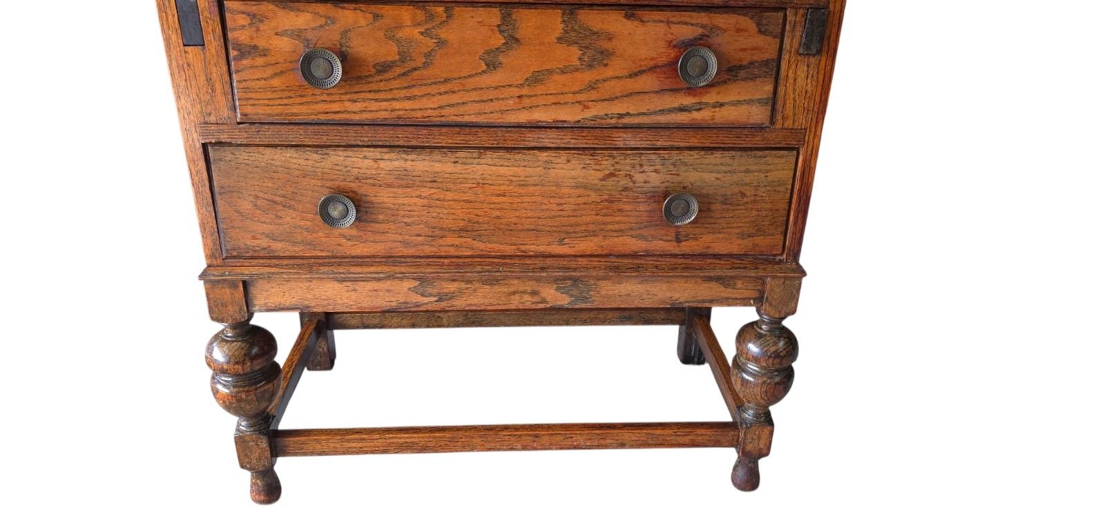 Vintage Jacobean Revival Oak Bureau With Turned Legs & Two Drawers photo 225.0