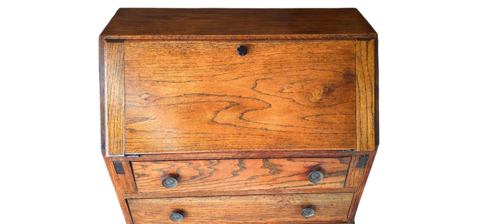 Furniture Vintage Jacobean Revival Oak Bureau With Turned Legs & Two Drawers photo