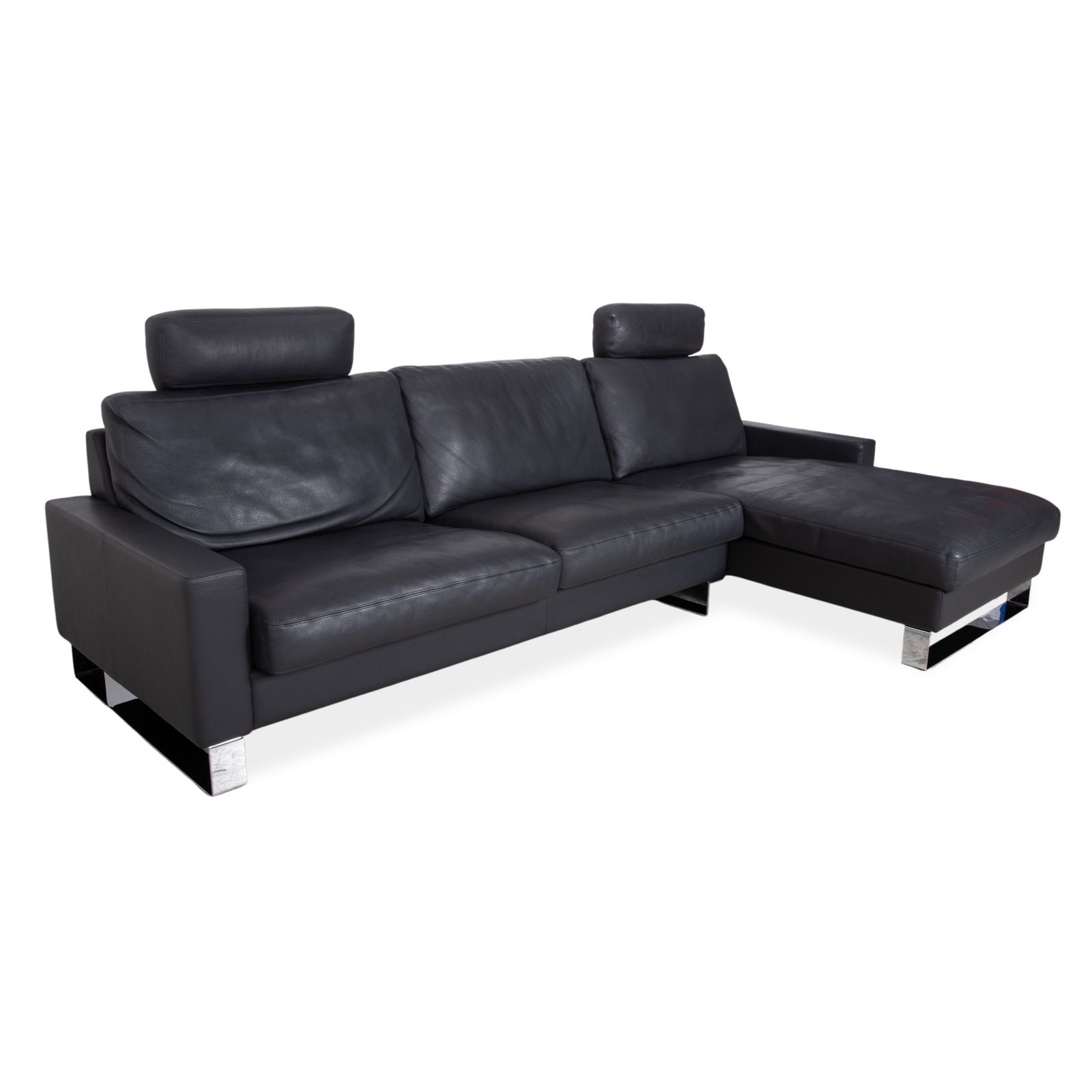 Canapé d'angle Erpo CL 820 en cuir gris anthracite foncé, pieds luge en chrome, 2 appuie-têtes inclus, méridienne à droite photo for sale