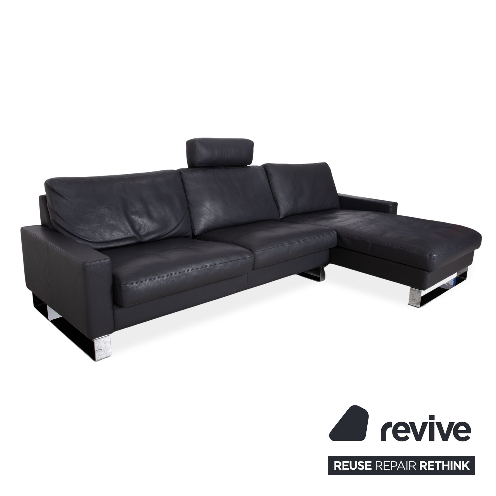 Erpo Cl 820 Leather Corner Sofa Dark Grey Anthracite On Chrome Sled Feet Incl. 2 Headrests Chaise Right photo Furniture