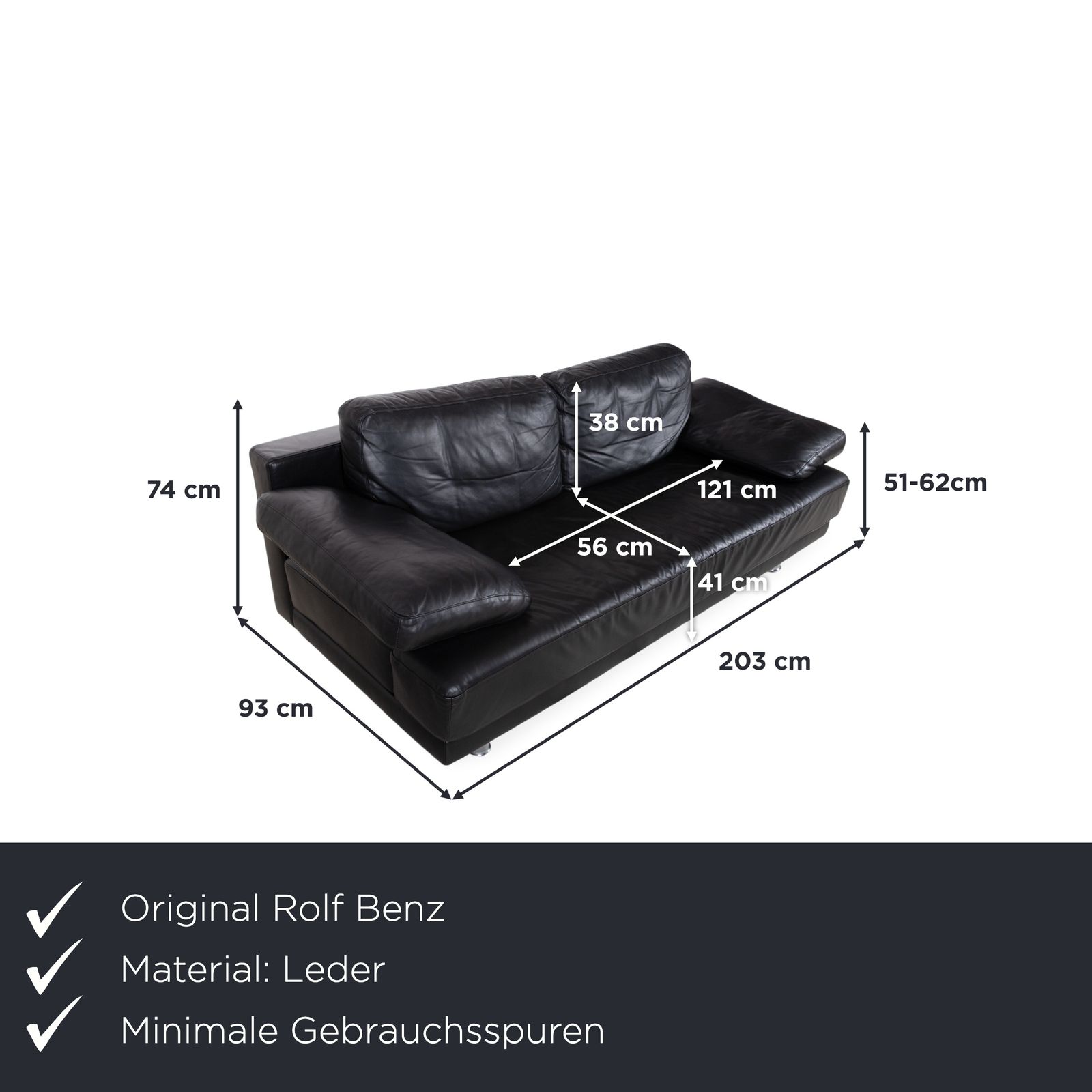 Rolf Benz 355 driezitsbank, leer, zwart, manuele functie photo furniture