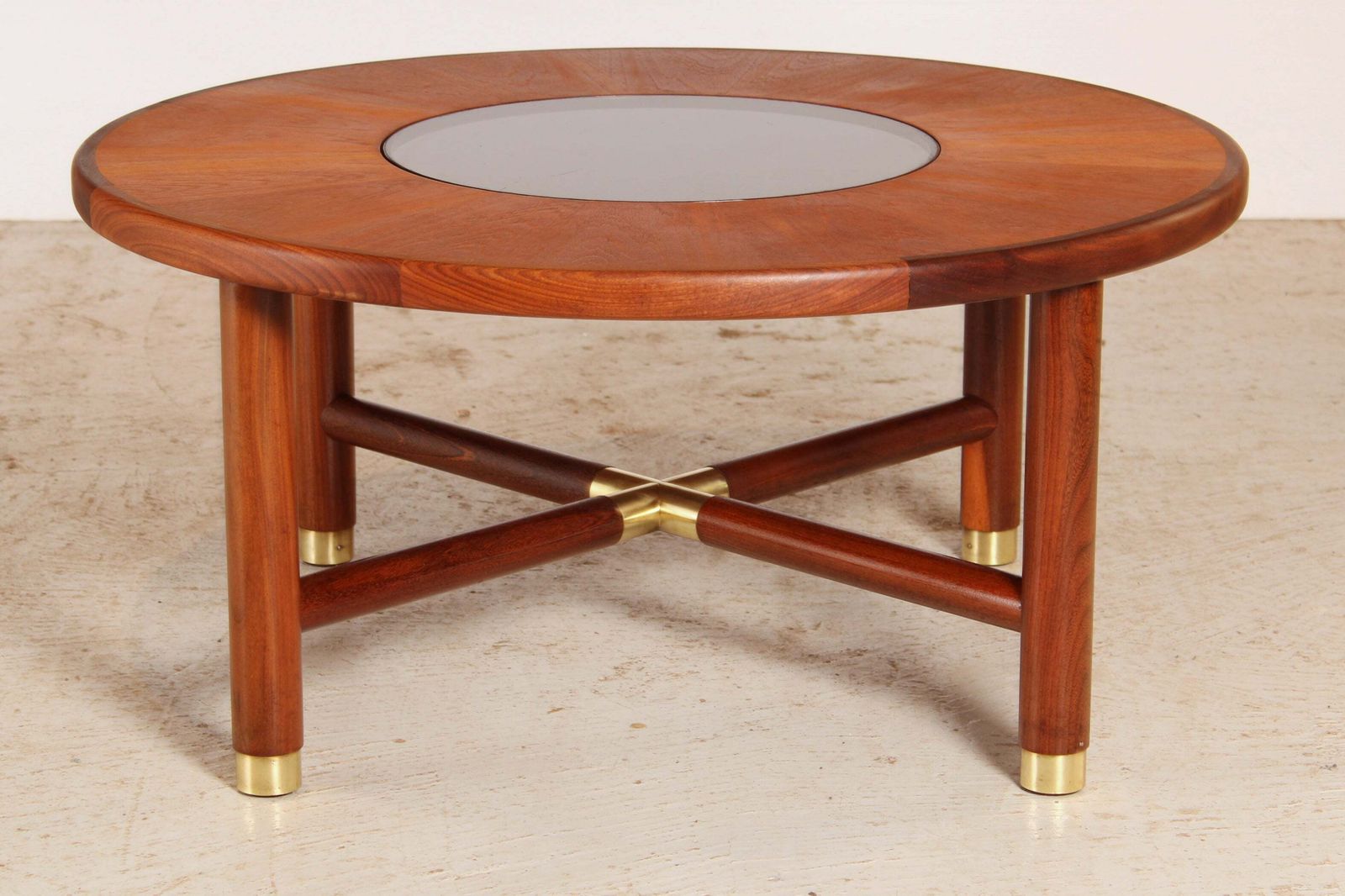 Midcentury G Plan Round Coffee Table With Smoked Glass Top & Brass Feet C.1960s