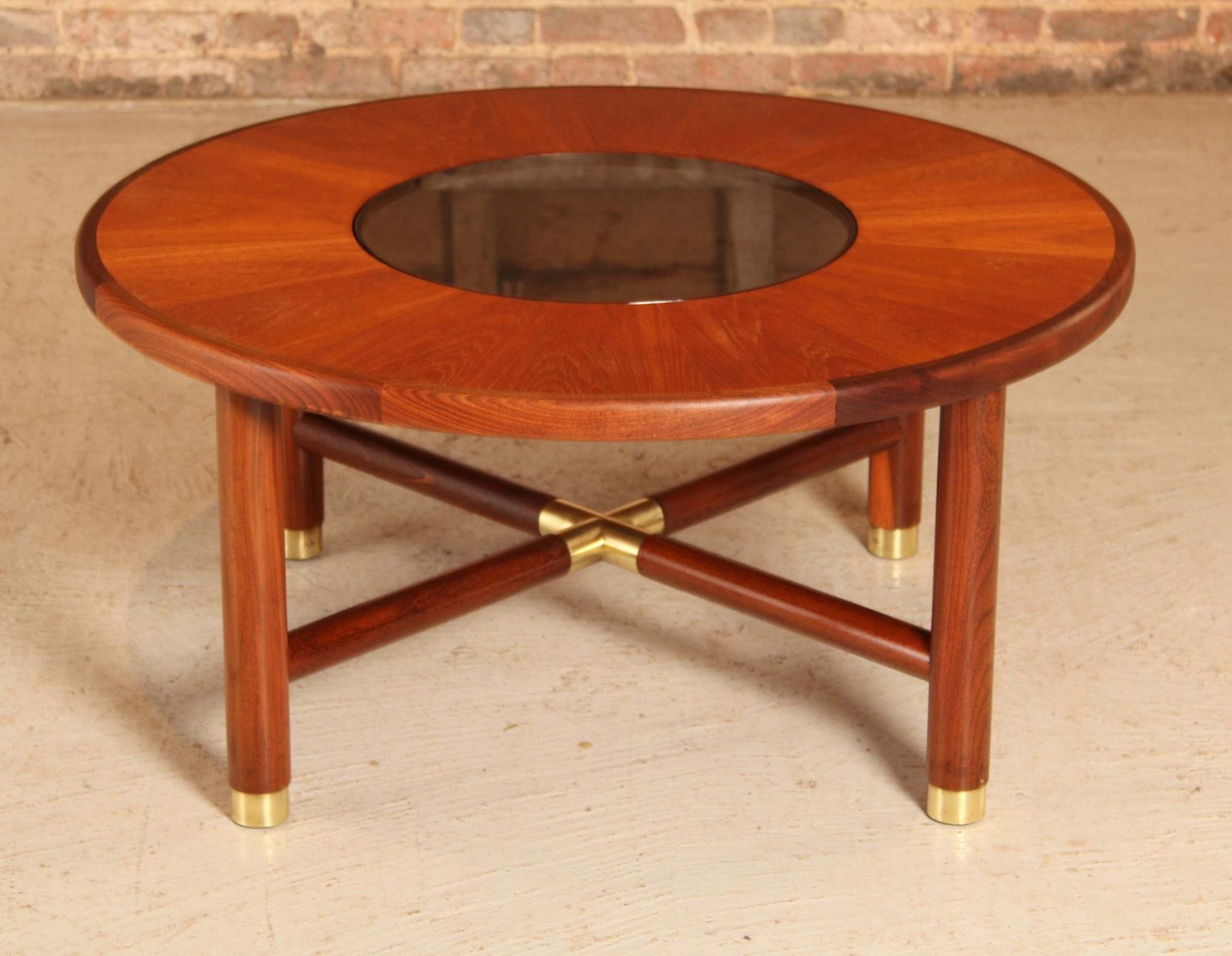 Midcentury G Plan Round Coffee Table With Smoked Glass Top & Brass Feet C.1960s photo for sale
