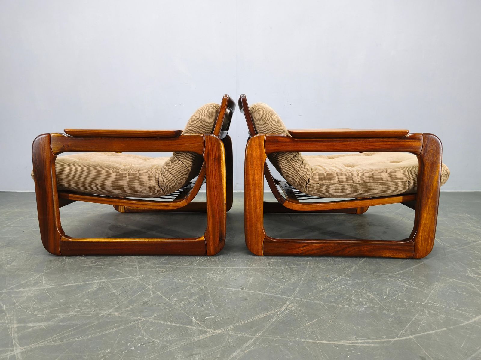 Pair Scandinavian Lounge Chairs 1970s Wood Corduroy Upholstery photo Furniture