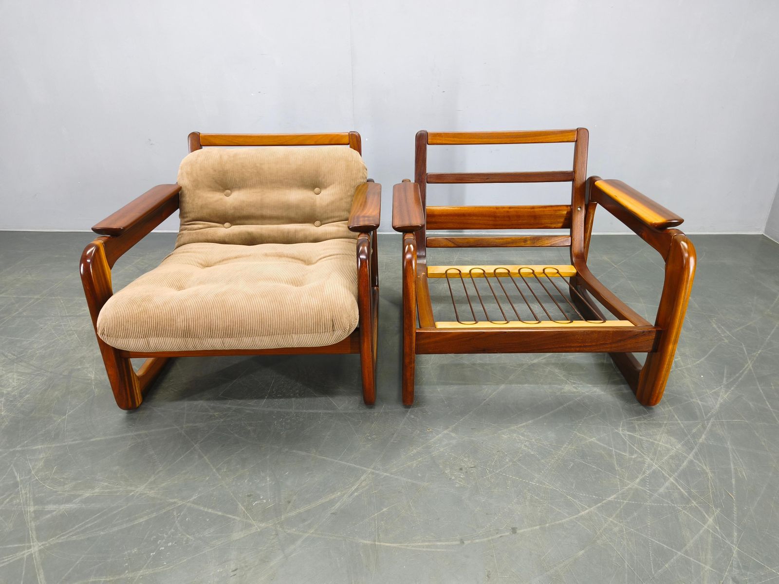 Pair Scandinavian Lounge Chairs 1970s Wood Corduroy Upholstery photo buy