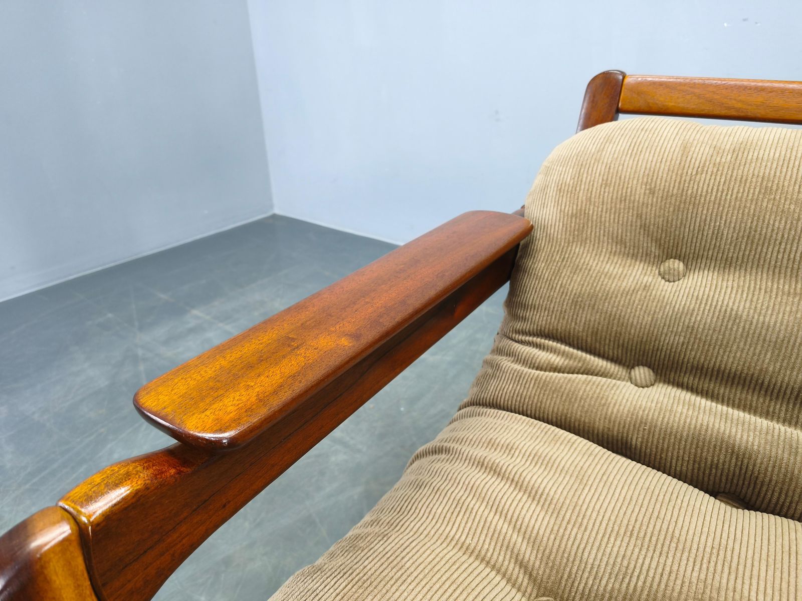 photo for sale Pair Scandinavian Lounge Chairs 1970s Wood Corduroy Upholstery