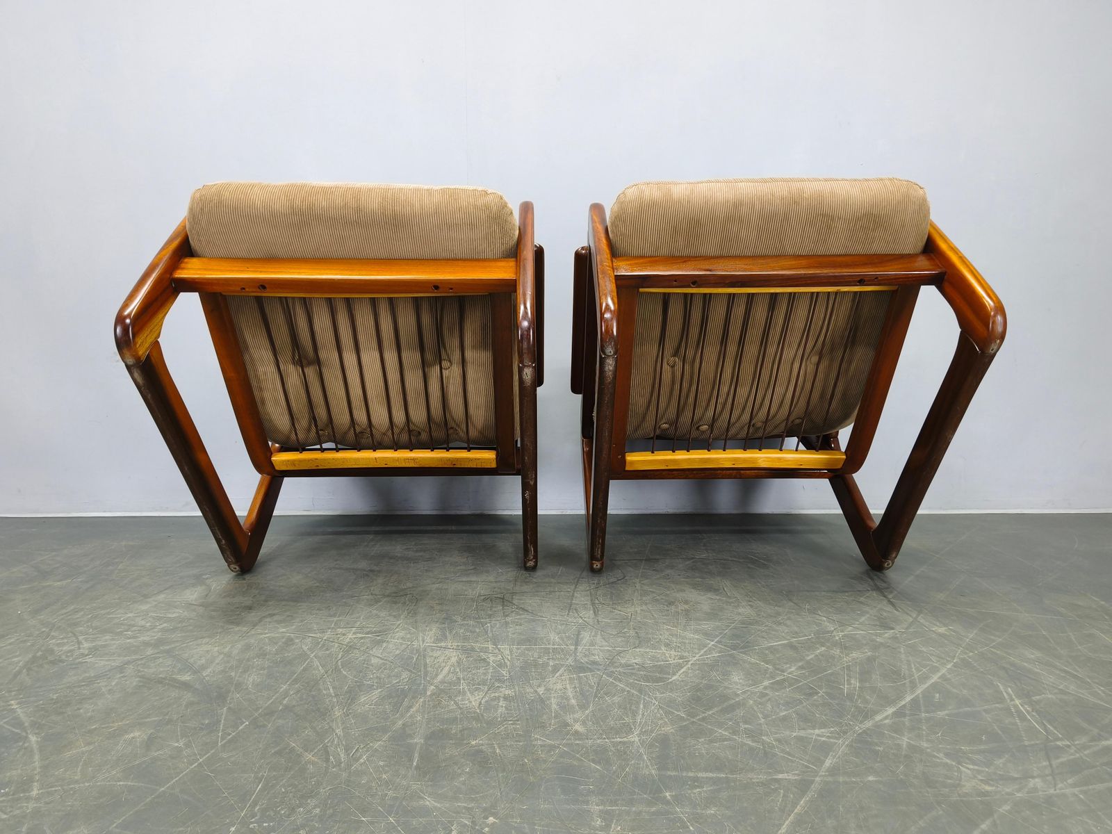 photo buy Pair Scandinavian Lounge Chairs 1970s Wood Corduroy Upholstery
