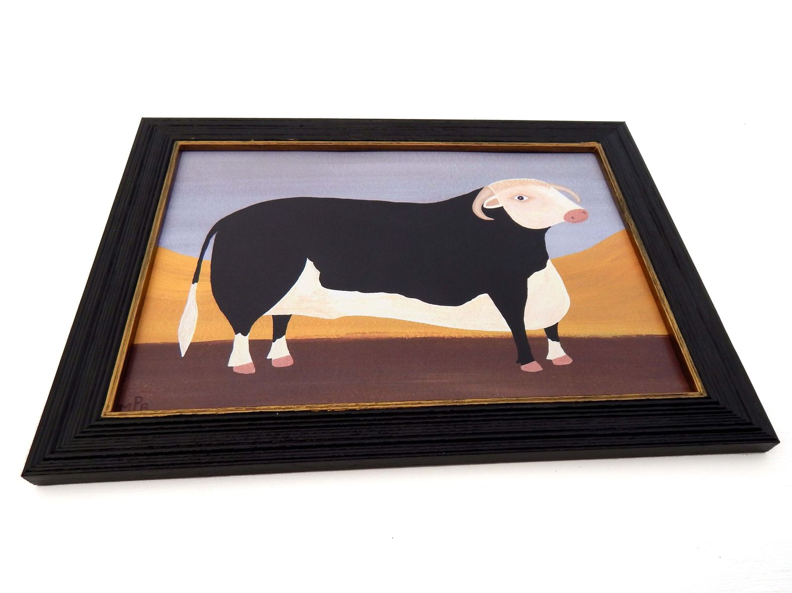 Naive Prize Hereford Bull Folk Art Cow Print In Hand Painted Black Frame By Matt Rix photo for sale