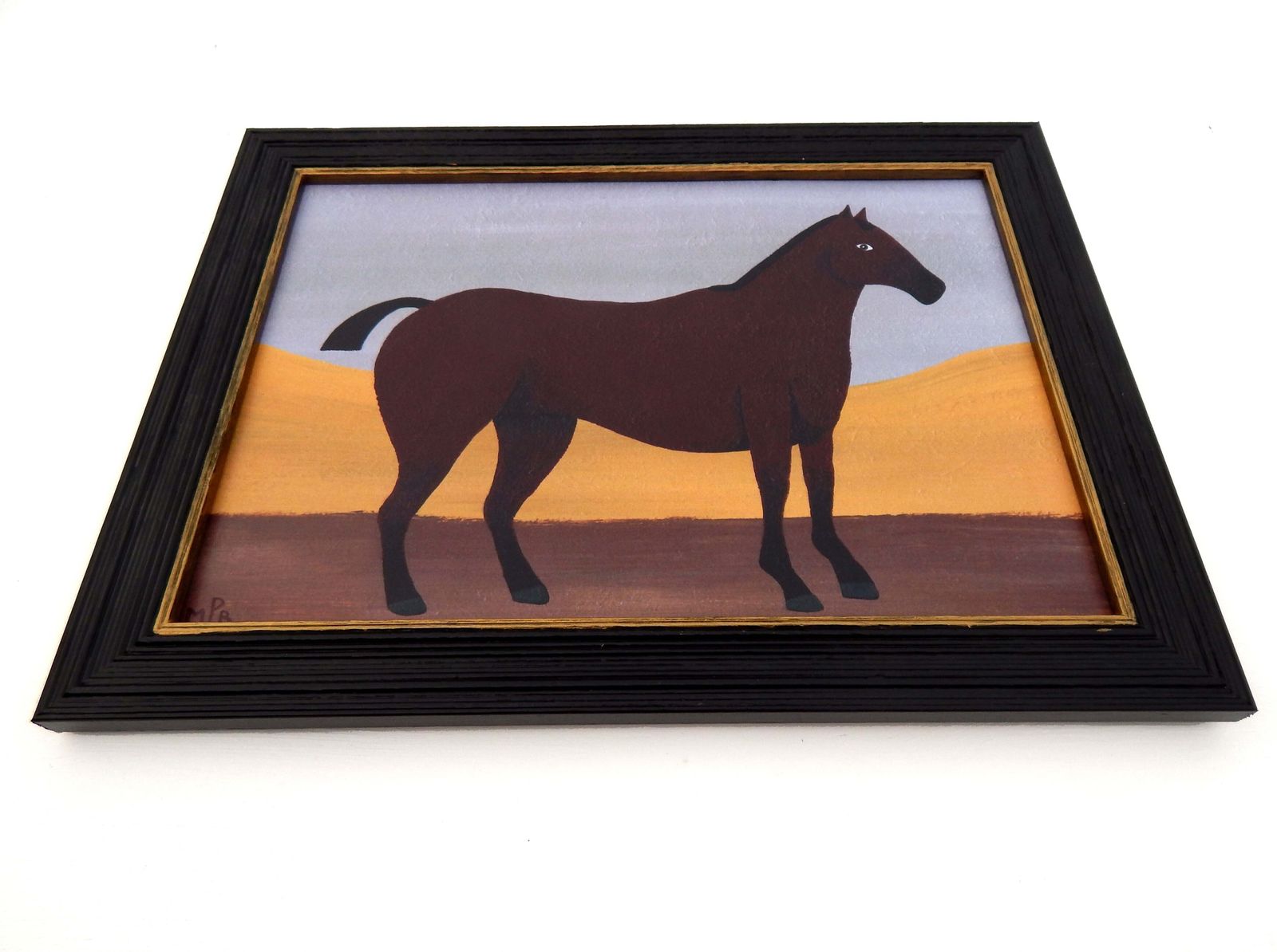 Naive Prize Bay Mare Folk Art Horse Print In Hand Painted Black Frame By Matt Rix photo for sale