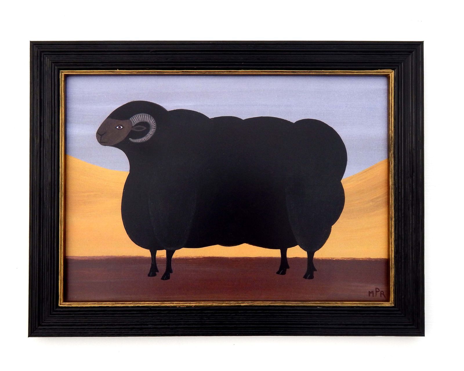 Naive Prize Black Ram Folk Art Sheep Print In Hand Painted Black Frame By Matt Rix