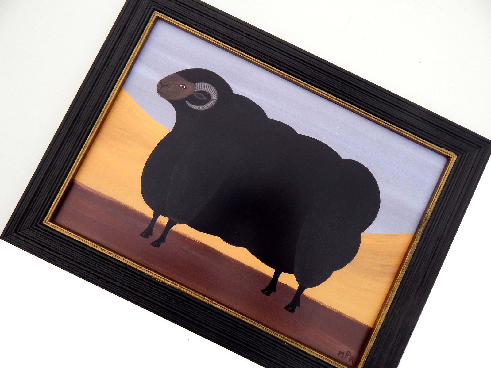 Naive Prize Black Ram Folk Art Sheep Print In Hand Painted Black Frame By Matt Rix photo vintage