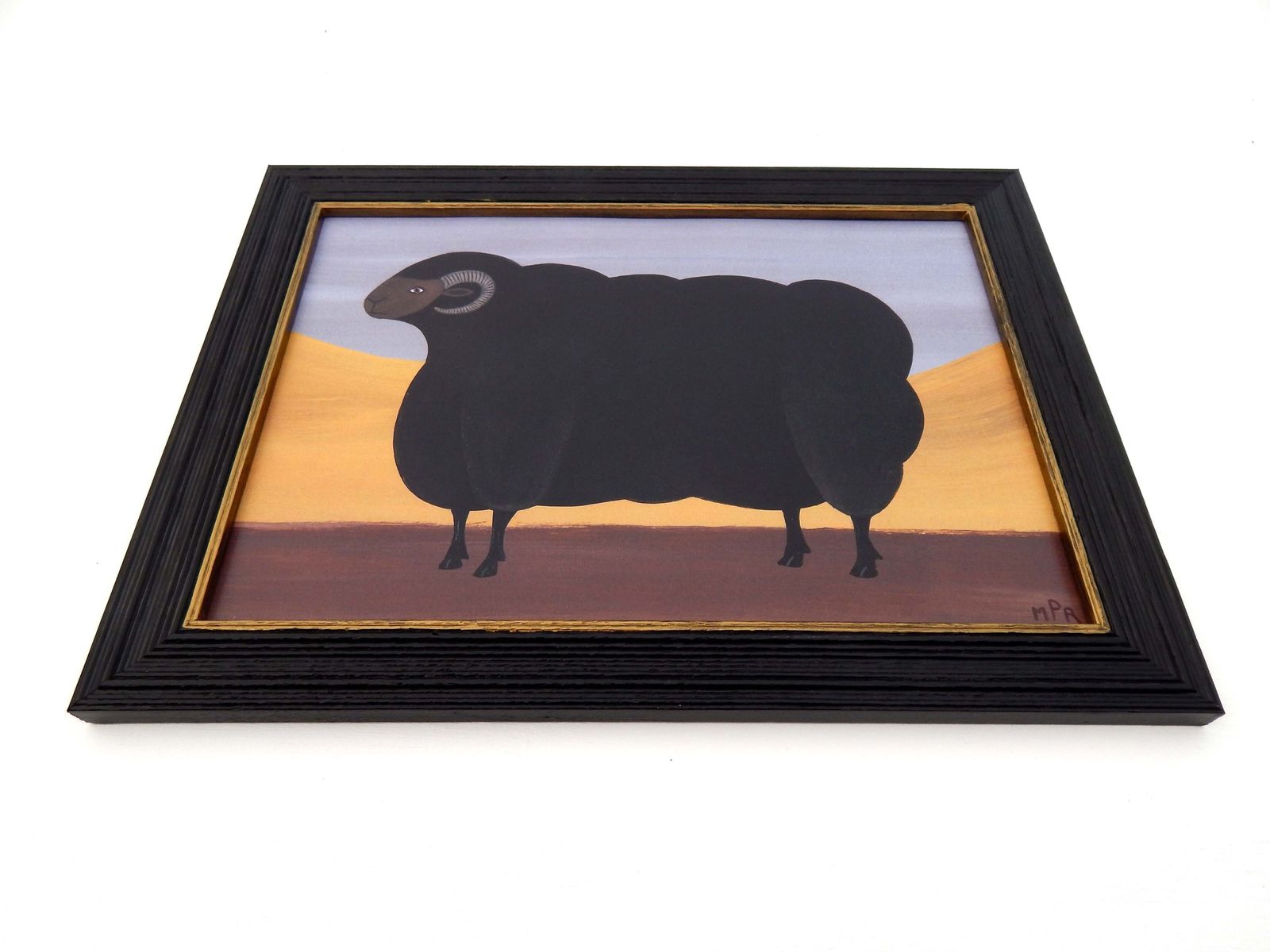 photo for sale Naive Prize Black Ram Folk Art Sheep Print In Hand Painted Black Frame By Matt Rix