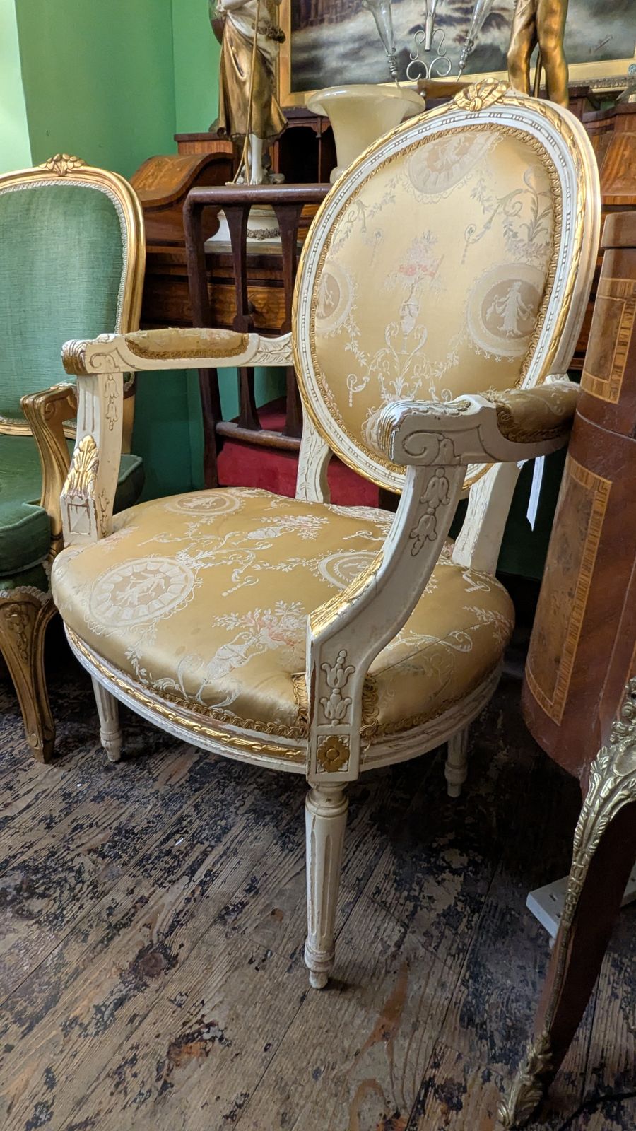 Antique Silk Covered French Empire Style Fauteuil Wooden Chair photo for sale