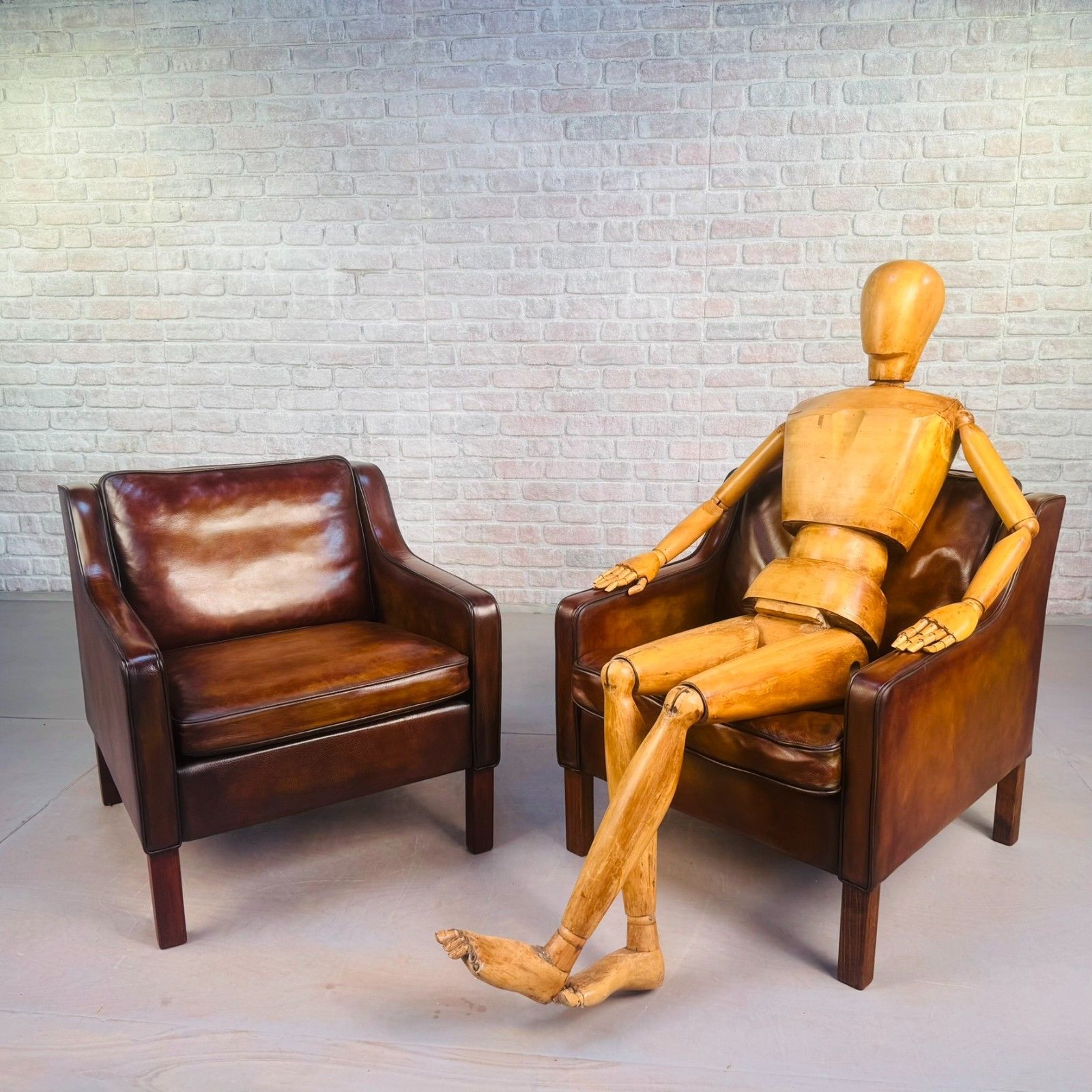 Pair Of Tan Leather Børge Mogensen Style Danish Armchairs – Hand Dyed Patina photo furniture