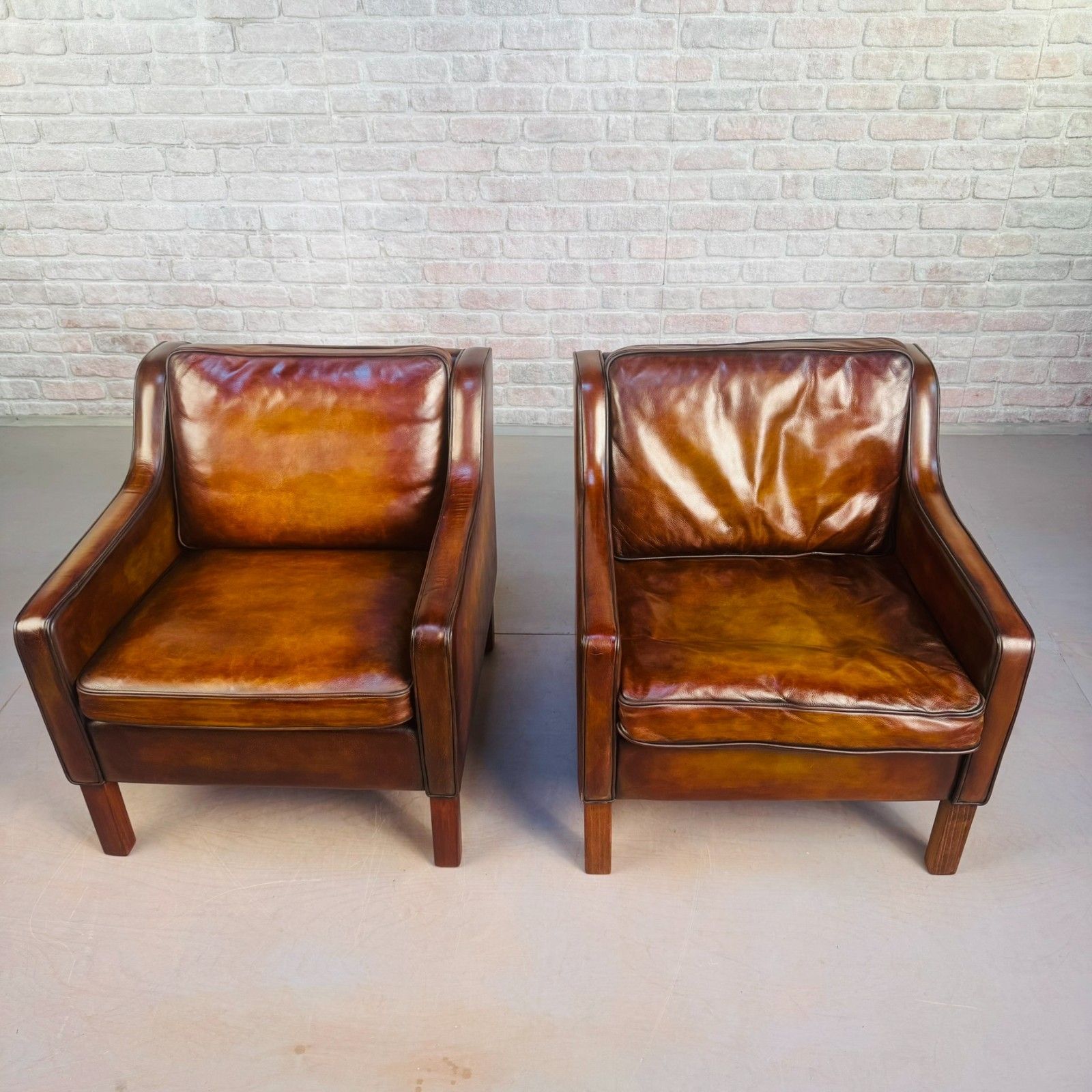 Pair Of Tan Leather Børge Mogensen Style Danish Armchairs – Hand Dyed Patina photo Furniture