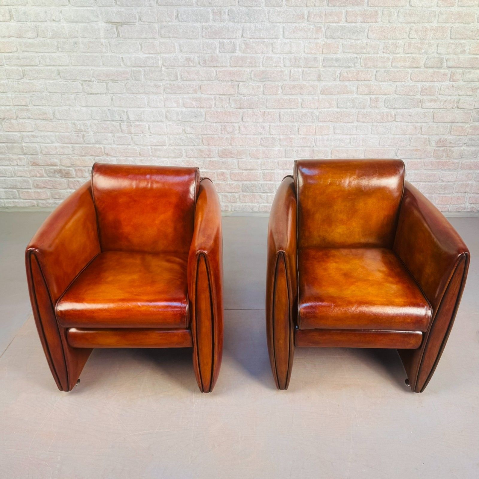 Neat Pair Of Contemporary Danish Tan Leather Armchairs – Compact, Comfortable photo 1535.0