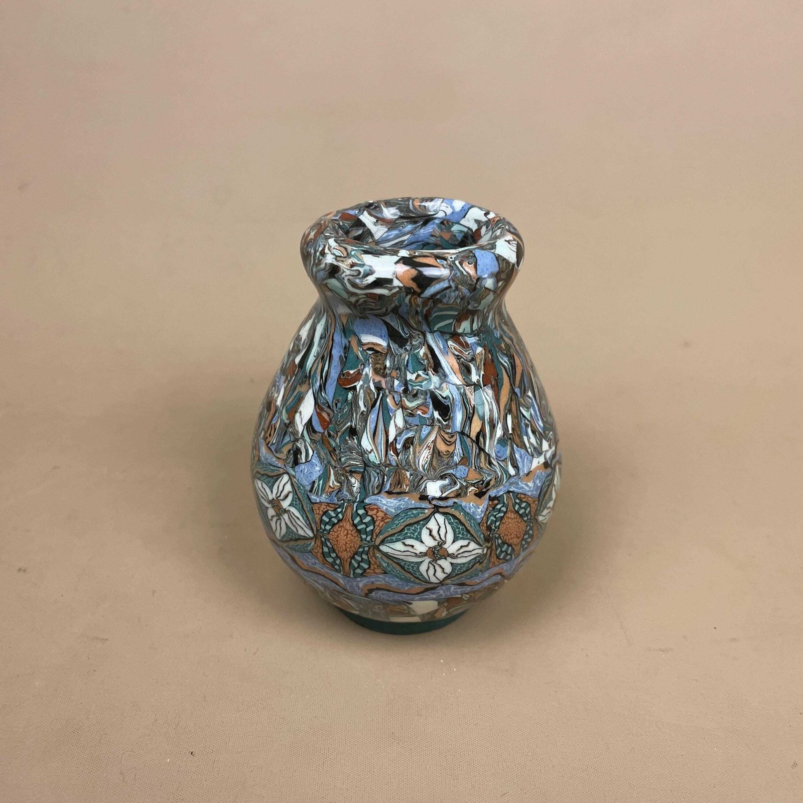 Jean Gerbino Vallauris Mosaic Ceramic Vase Blue Marbled Patterned 11cm Vintage French Decorative Art Deco Pot Small Display Ornament