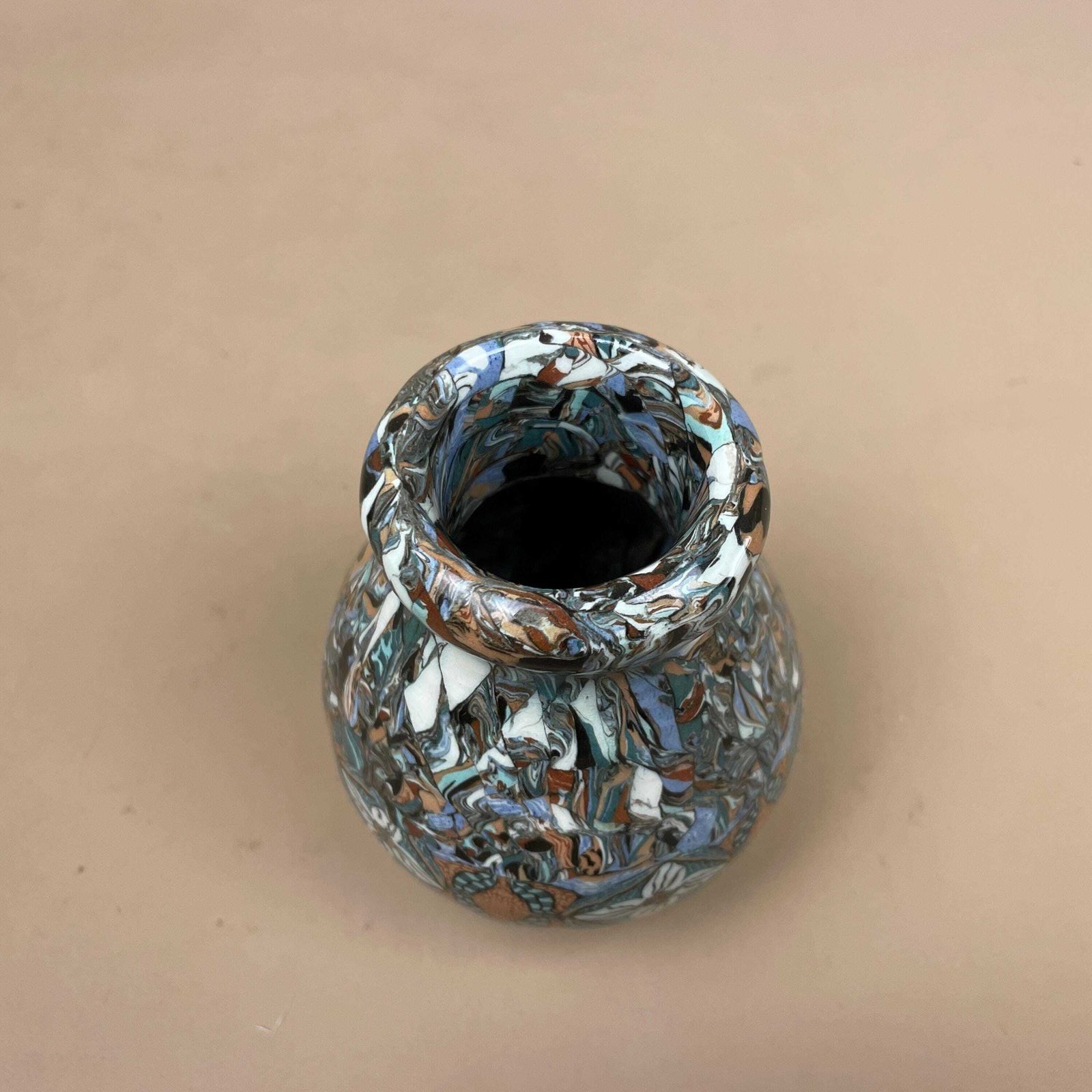 Jean Gerbino Vallauris Mosaic Ceramic Vase Blue Marbled Patterned 11cm Vintage French Decorative Art Deco Pot Small Display Ornament photo for sale