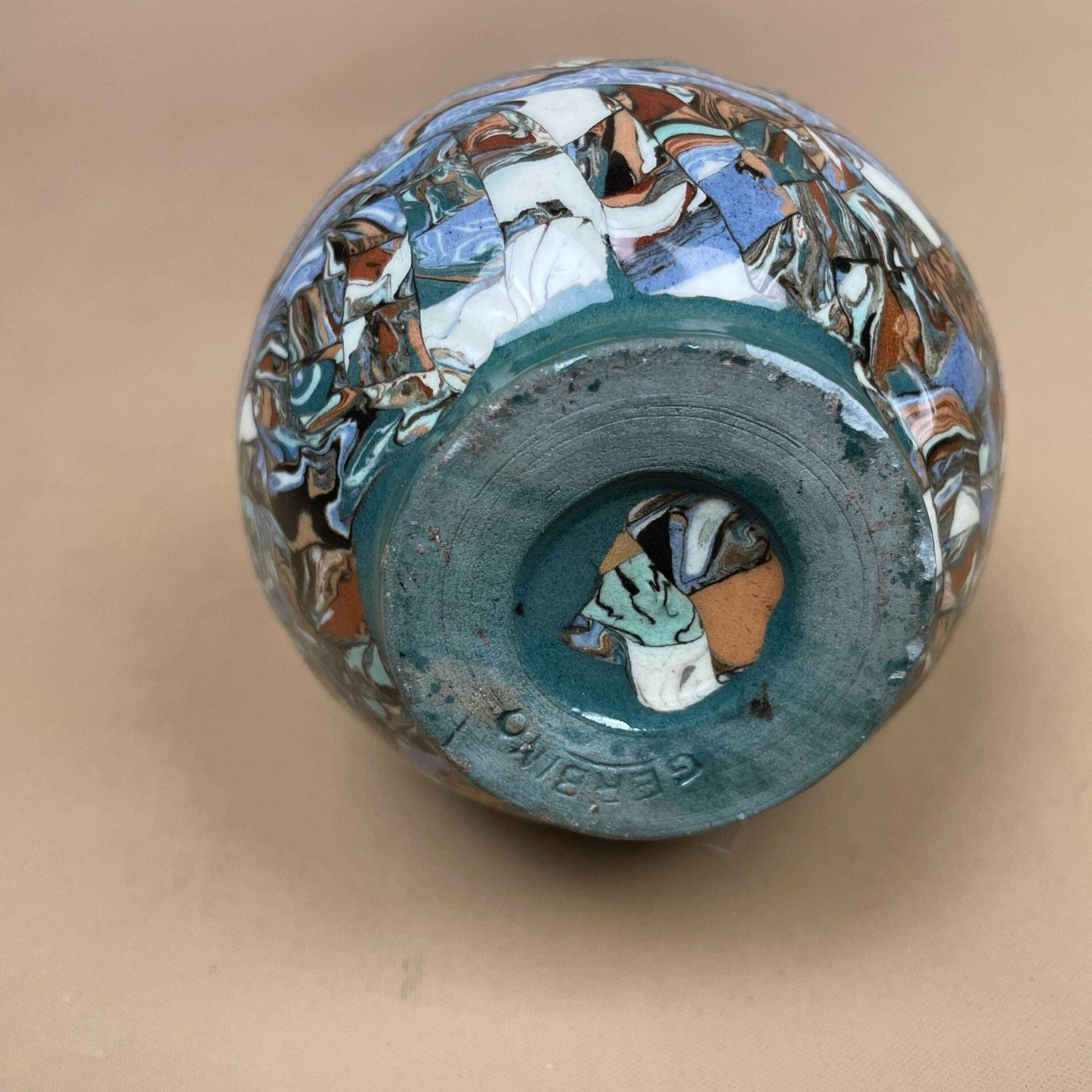 photo for sale Jean Gerbino Vallauris Mosaic Ceramic Vase Blue Marbled Patterned 11cm Vintage French Decorative Art Deco Pot Small Display Ornament