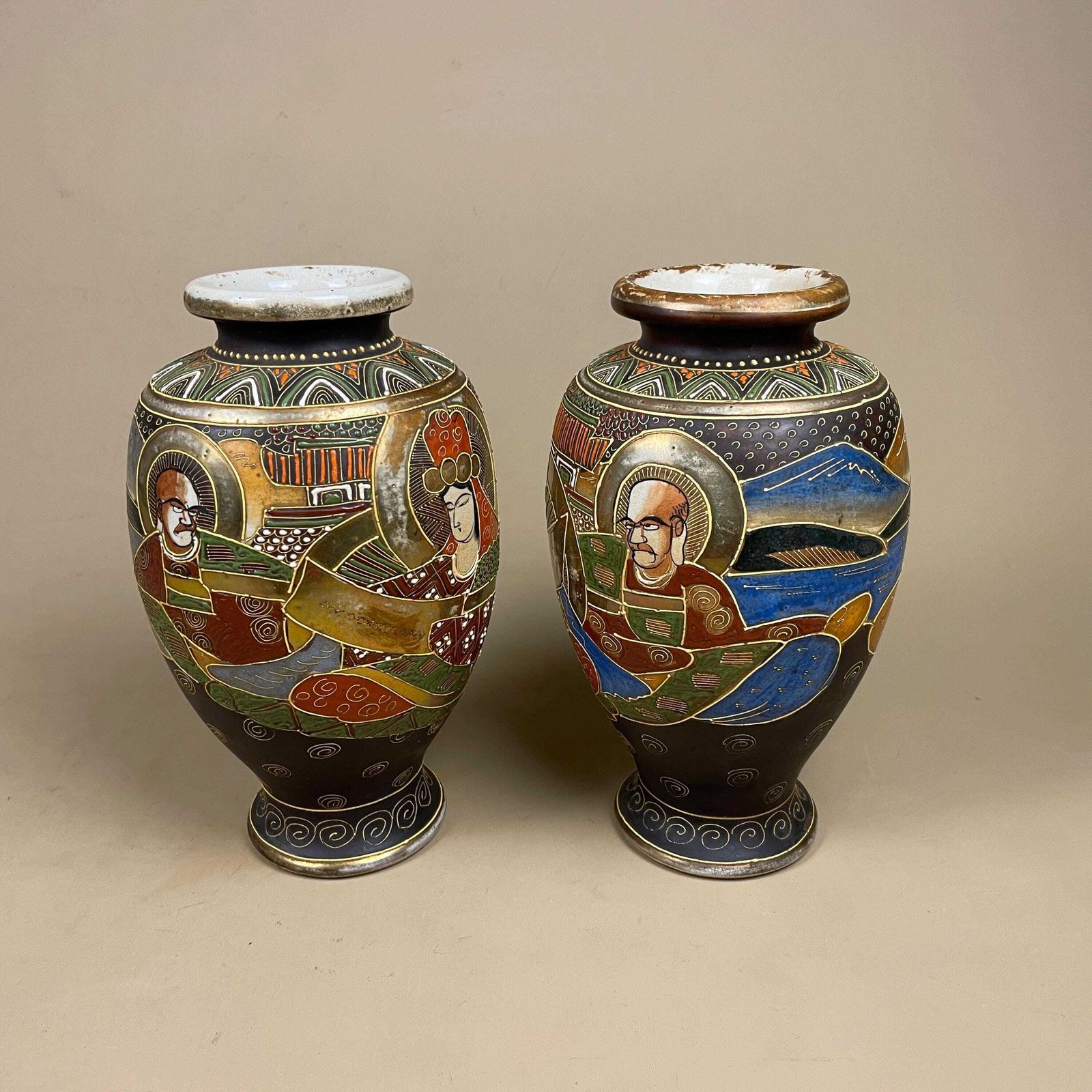 Pair Of 2 Antique Oriental Japanese Ceramic Porcelain Hand Painted Vase Pattern Decorative Vintage Asian Old Colourful Set Mantle Vases photo furniture