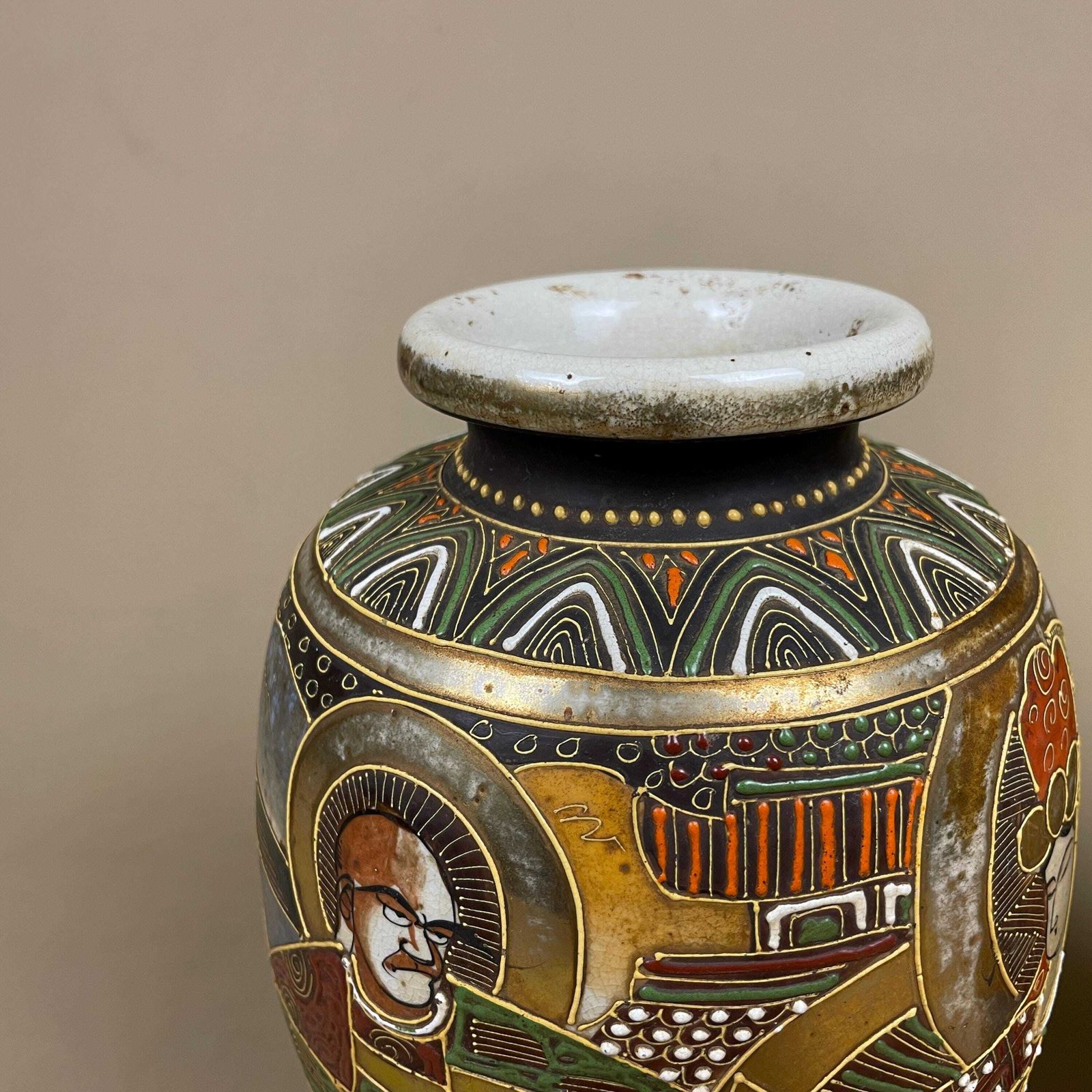 Pair Of 2 Antique Oriental Japanese Ceramic Porcelain Hand Painted Vase Pattern Decorative Vintage Asian Old Colourful Set Mantle Vases photo Home Decor