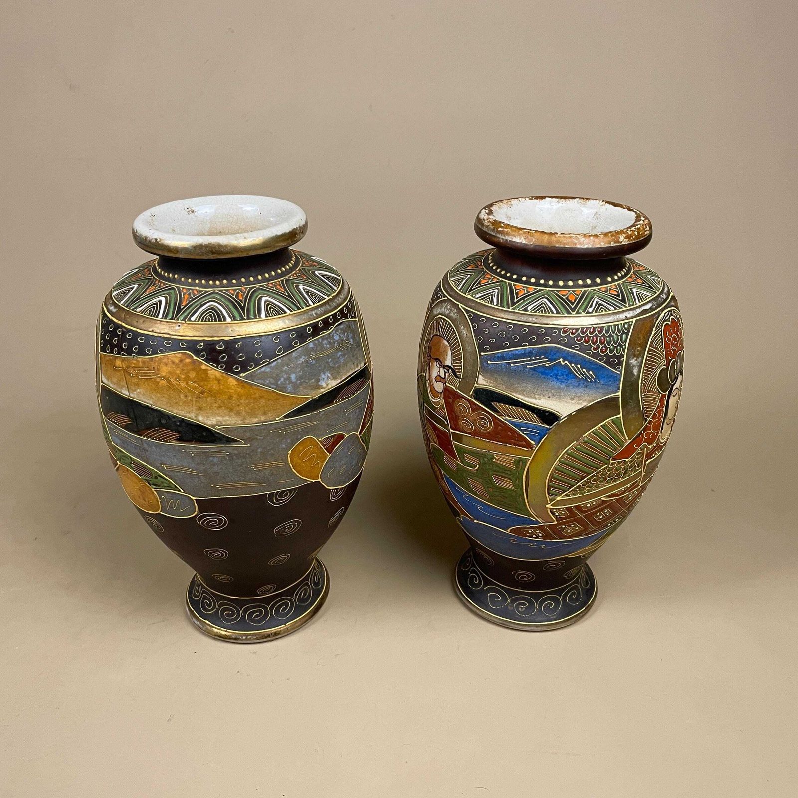 Pair Of 2 Antique Oriental Japanese Ceramic Porcelain Hand Painted Vase Pattern Decorative Vintage Asian Old Colourful Set Mantle Vases photo buy