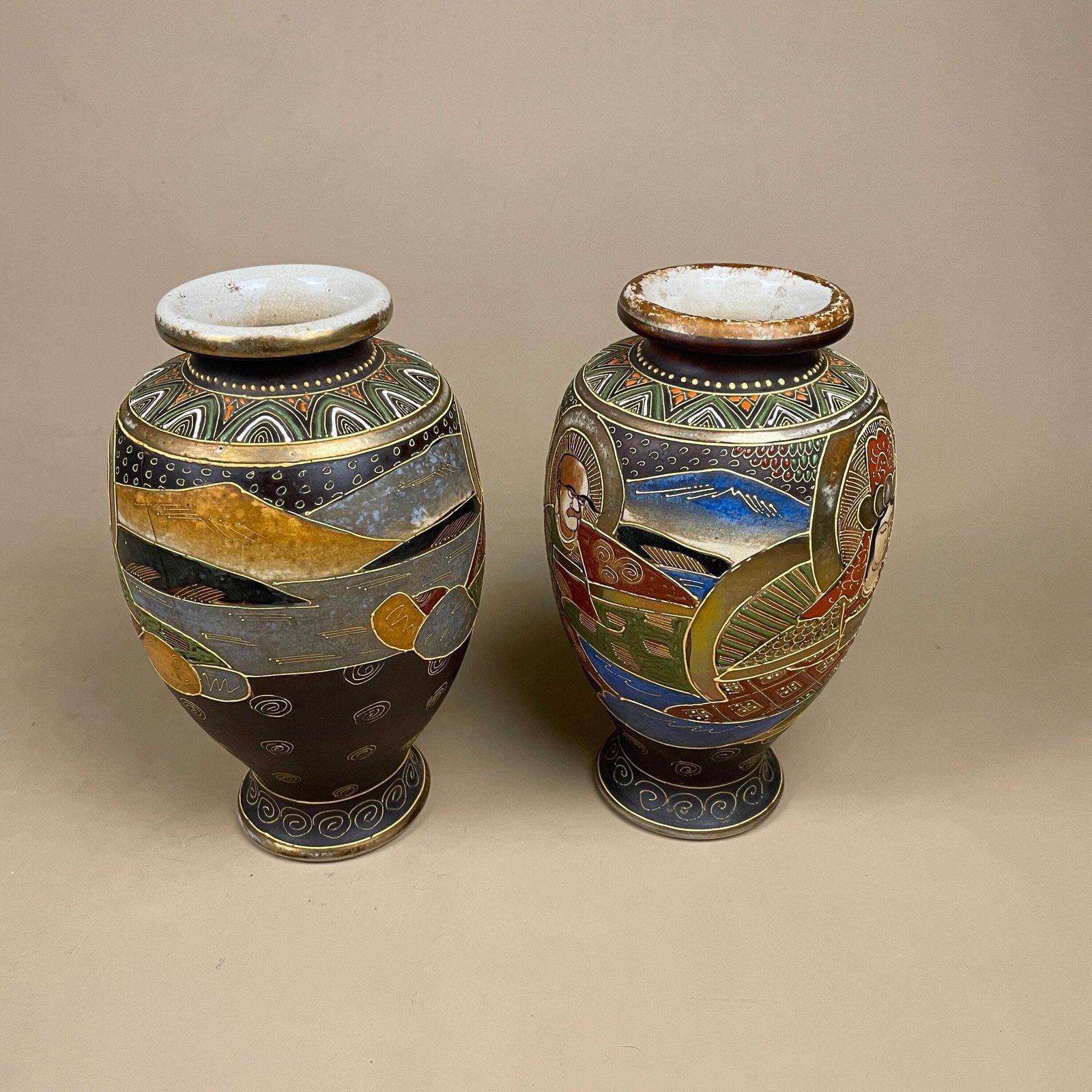 Pair Of 2 Antique Oriental Japanese Ceramic Porcelain Hand Painted Vase Pattern Decorative Vintage Asian Old Colourful Set Mantle Vases photo vintage