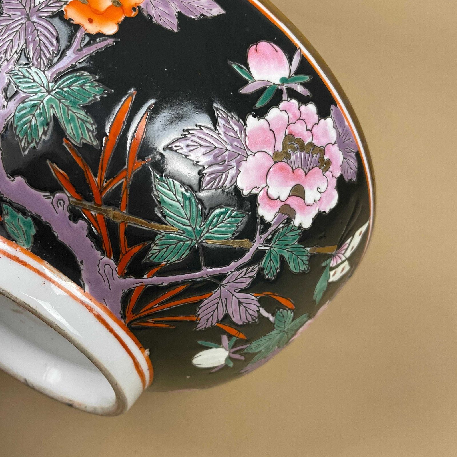 Home Decor Oriental Ceramic Hand Painted Floral Bowl Plate Japanese Decorative Asian Round Porcelain Black Pink 20cm Hand Painted Display Antique photo