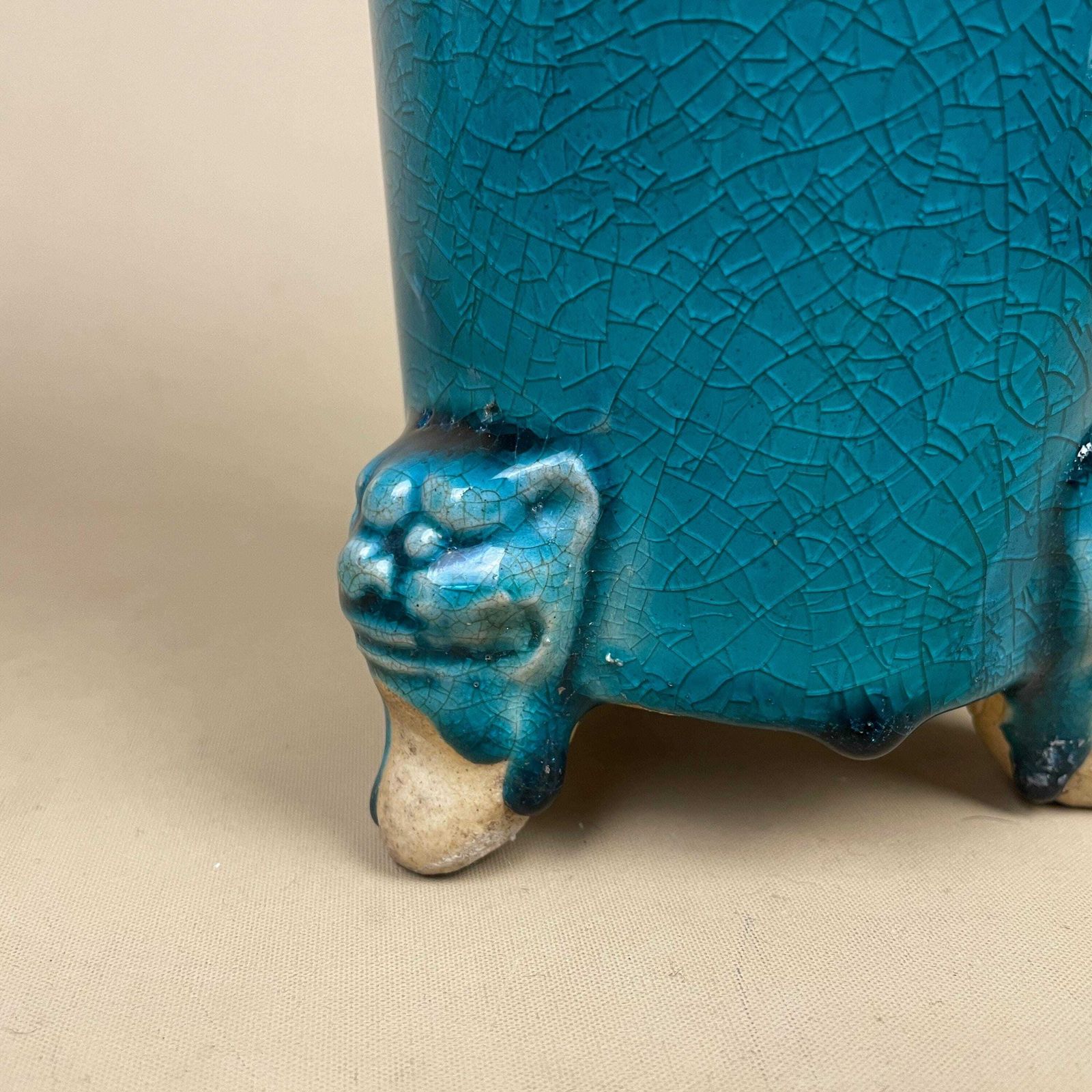 Oriental Antique Decorative Vase Ceramic Pot Chinese Vintage Display Turquoise Glaze Asian Lion Face Detail Feet Flute photo furniture
