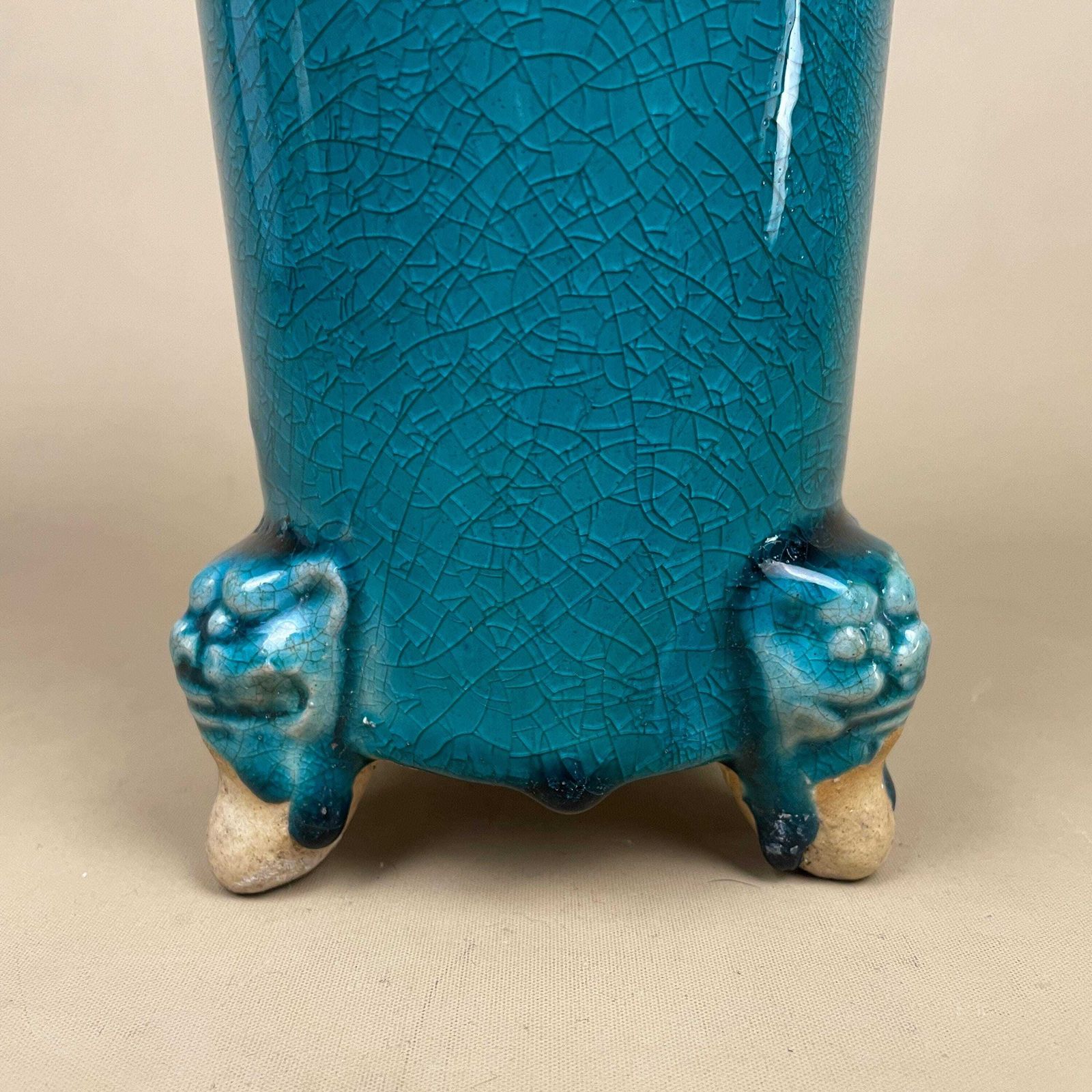 Oriental Antique Decorative Vase Ceramic Pot Chinese Vintage Display Turquoise Glaze Asian Lion Face Detail Feet Flute photo vinterior