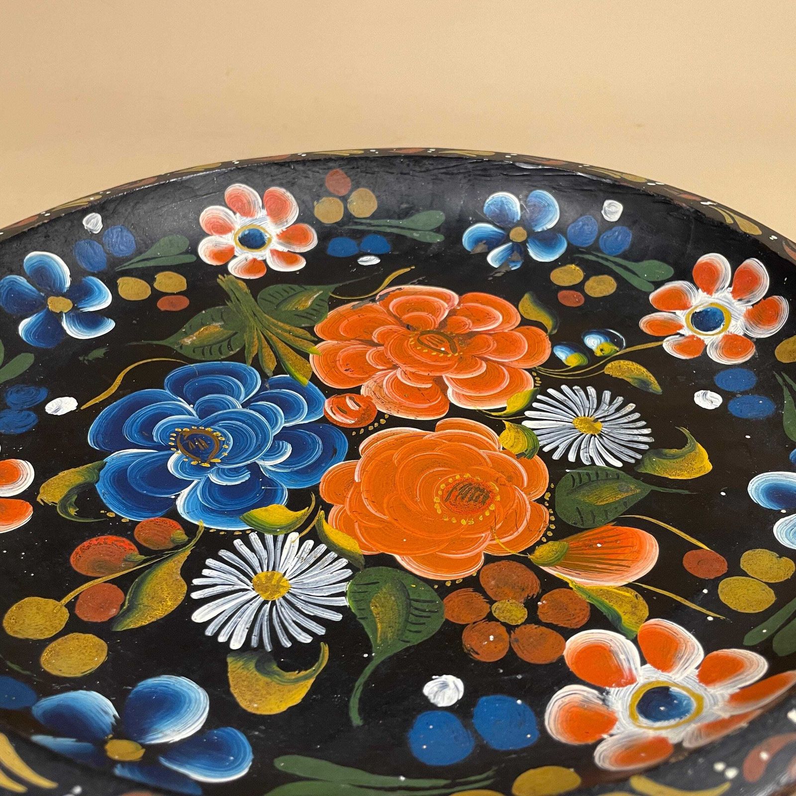 Mexican Wooden Bowl Hand Painted Floral Folk Art Round Decorative Dish Batea Pretty Vintage Flowers Red Blue Yellow photo 69.0