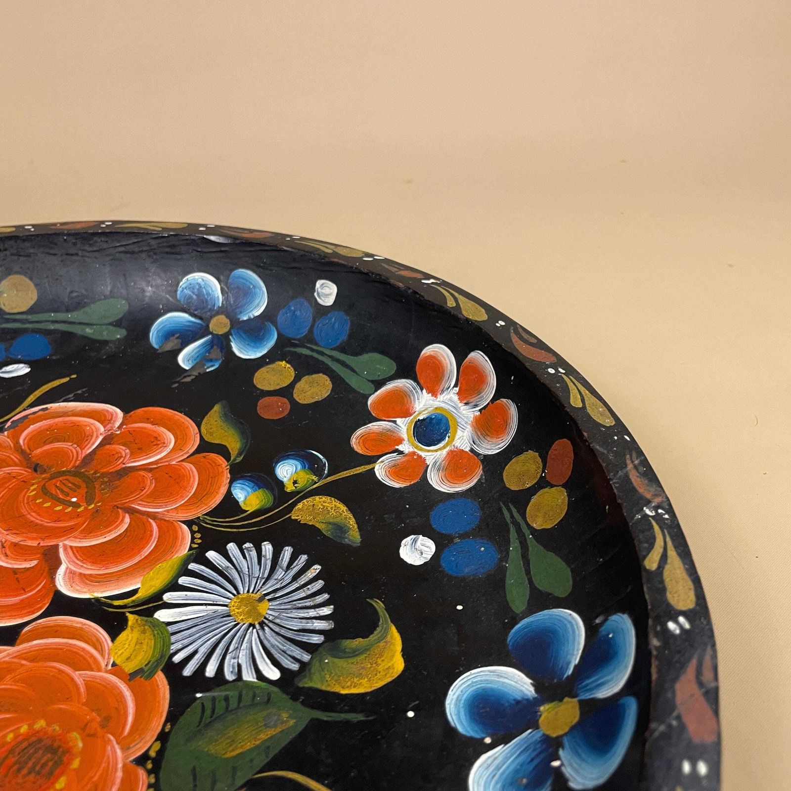 Mexican Wooden Bowl Hand Painted Floral Folk Art Round Decorative Dish Batea Pretty Vintage Flowers Red Blue Yellow photo buy