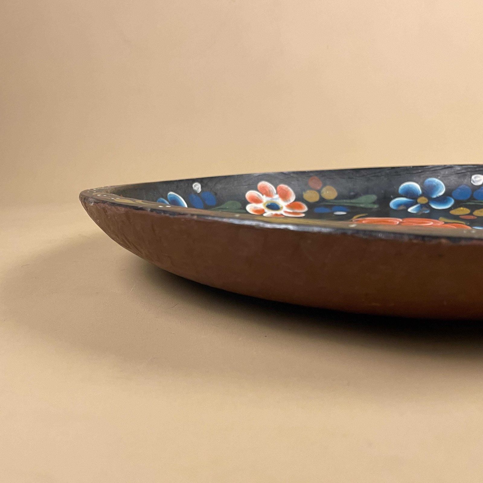 Mexican Wooden Bowl Hand Painted Floral Folk Art Round Decorative Dish Batea Pretty Vintage Flowers Red Blue Yellow photo vintage