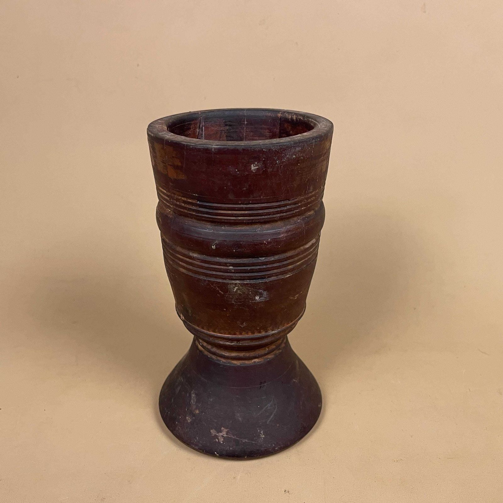 Antique Wooden Goblet Vase Hand Turned Rustic Decorative Wood Chalice Round Vessel photo for sale