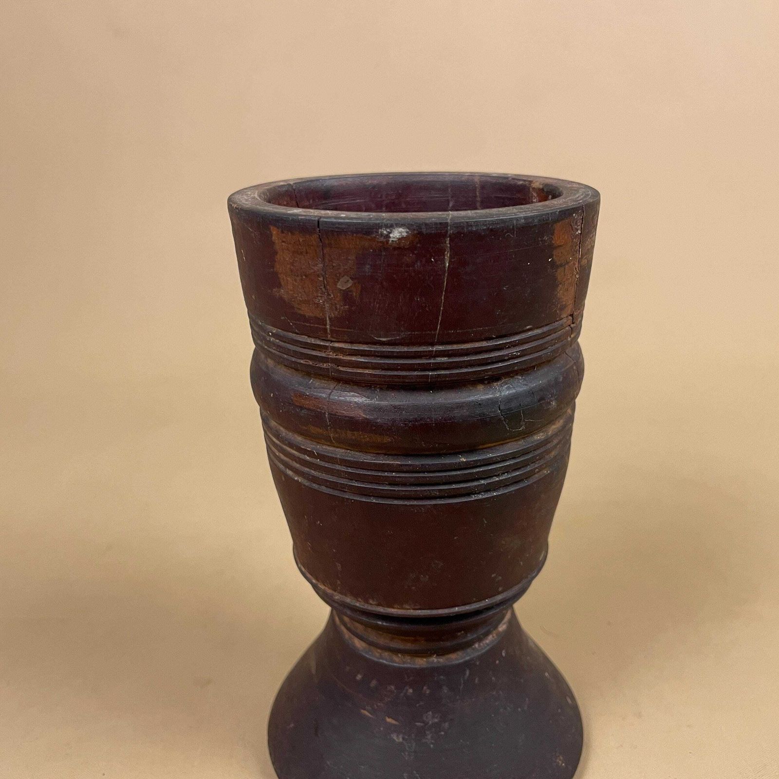 Home Decor Antique Wooden Goblet Vase Hand Turned Rustic Decorative Wood Chalice Round Vessel photo