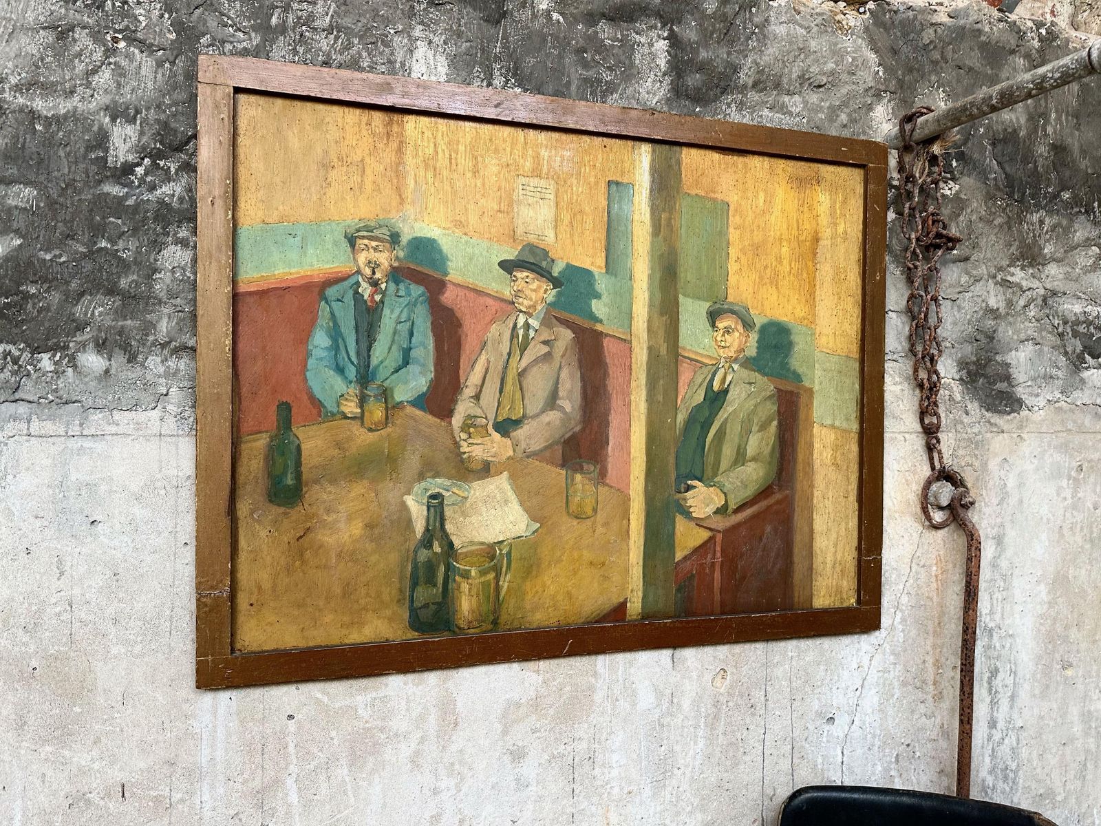 Large Naive Original Oil Painting On Board Welsh Gentlemen Drinkers In Tavern Pub 1960 photo Art