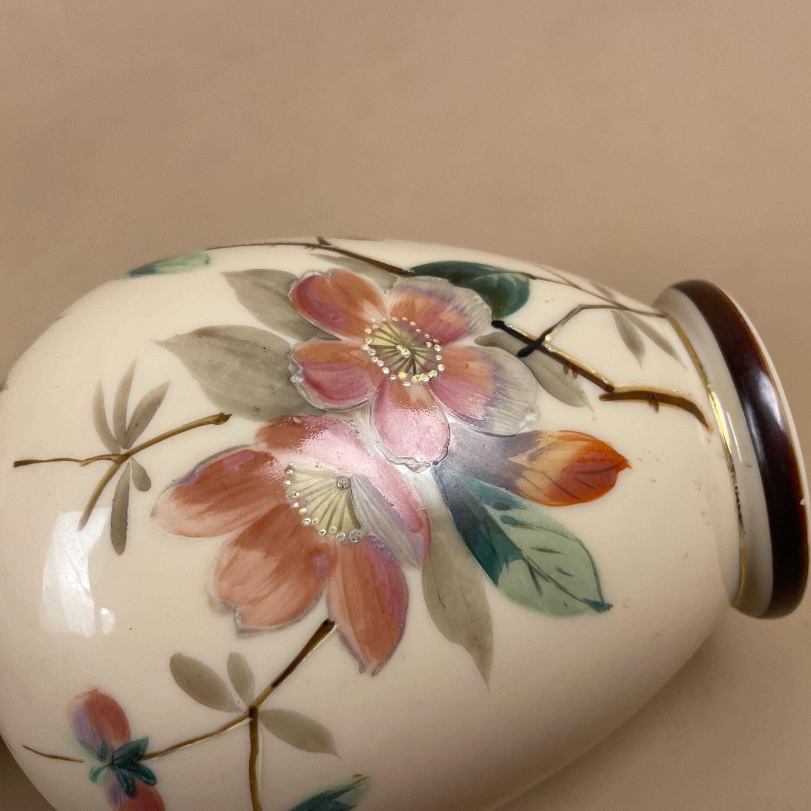 photo for sale Oriental Antique Decorative Vase Ceramic Pink Pot Japanese Vintage Display Hand Painted Asian Old Floral Flowers Bulbous Delicate